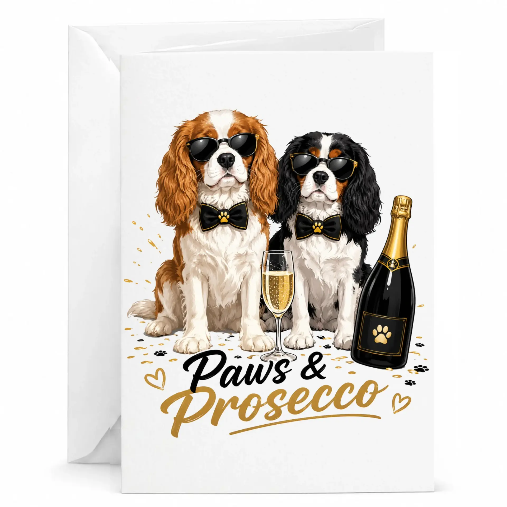 Funny Paws and Prosecco Greeting Card Featuring Two Charles Spaniels Wearing Sunglasses