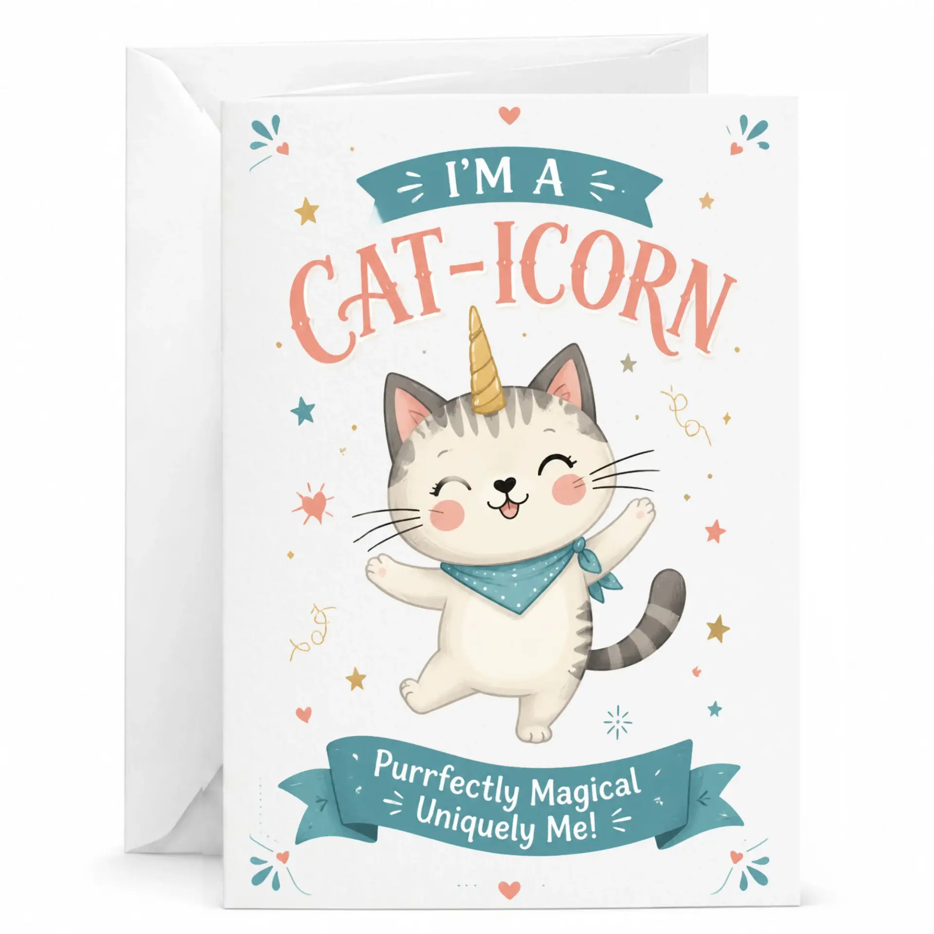 Funny Cat-Icorn Greeting Card Whimsical Cat Illustration for Birthdays and Special Occasions