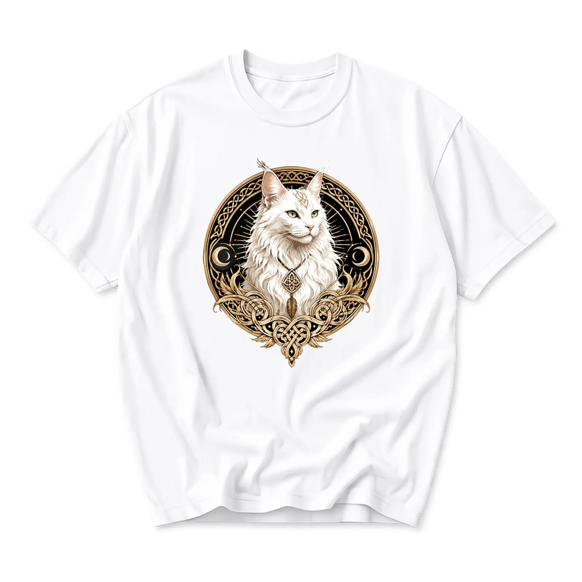 Graphic Tee Unisex Crew Neck T-Shirt Featuring Ornate Mystical Cat Illustration in Gold and Black Art Style