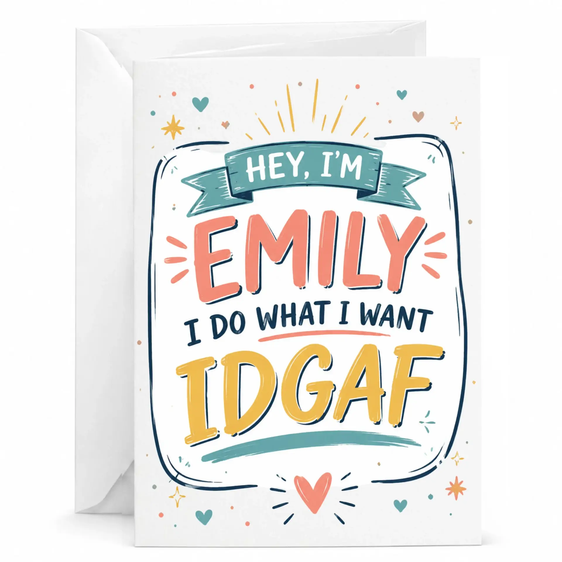 Funny Greeting Card Personalized Name Design Bold Typography Birthday with Matching Envelope 5x7 Inches