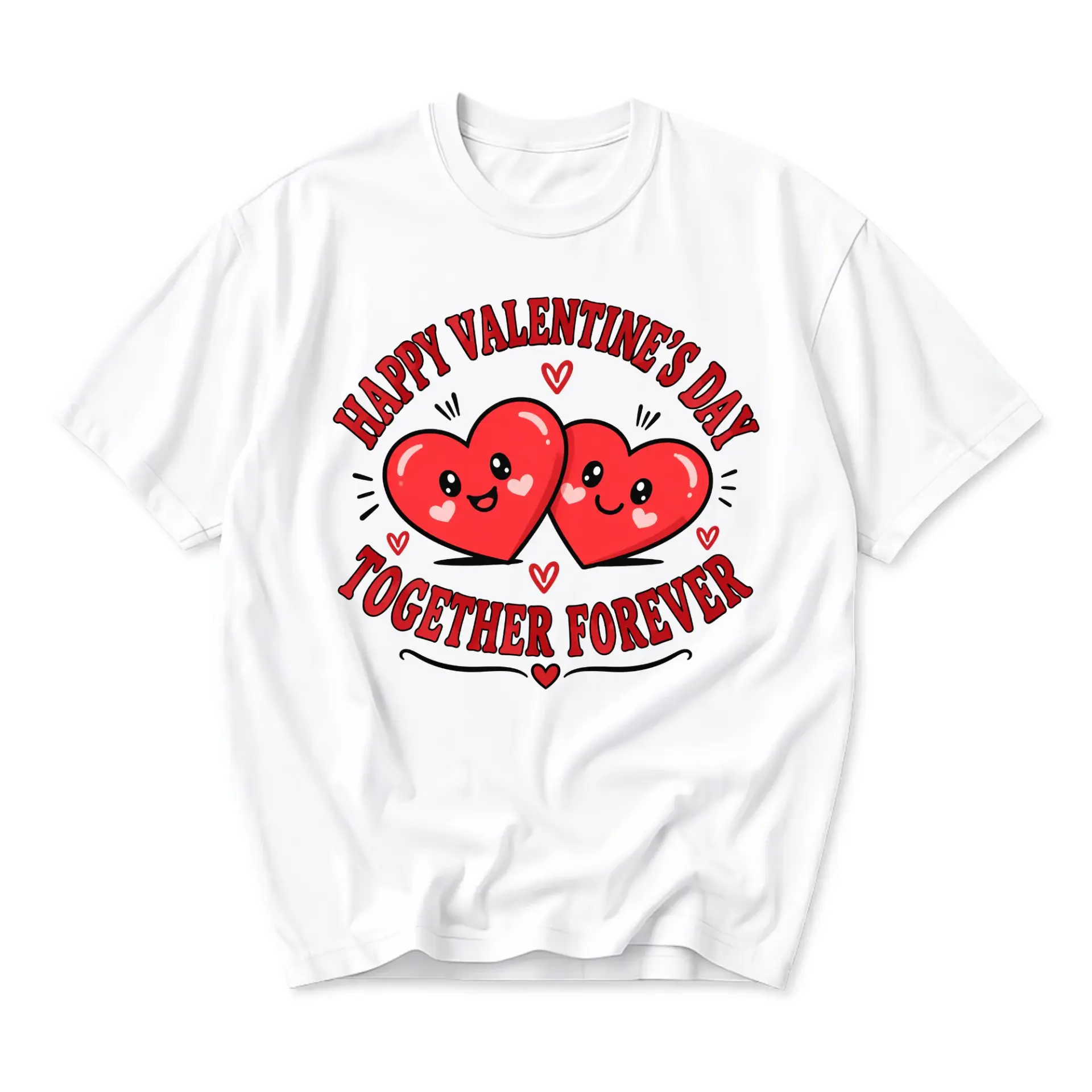 Graphic Tee Happy Valentine's Day Together Forever Heart Illustration Unisex Crew-Neck Casual Cotton Blend Shirt