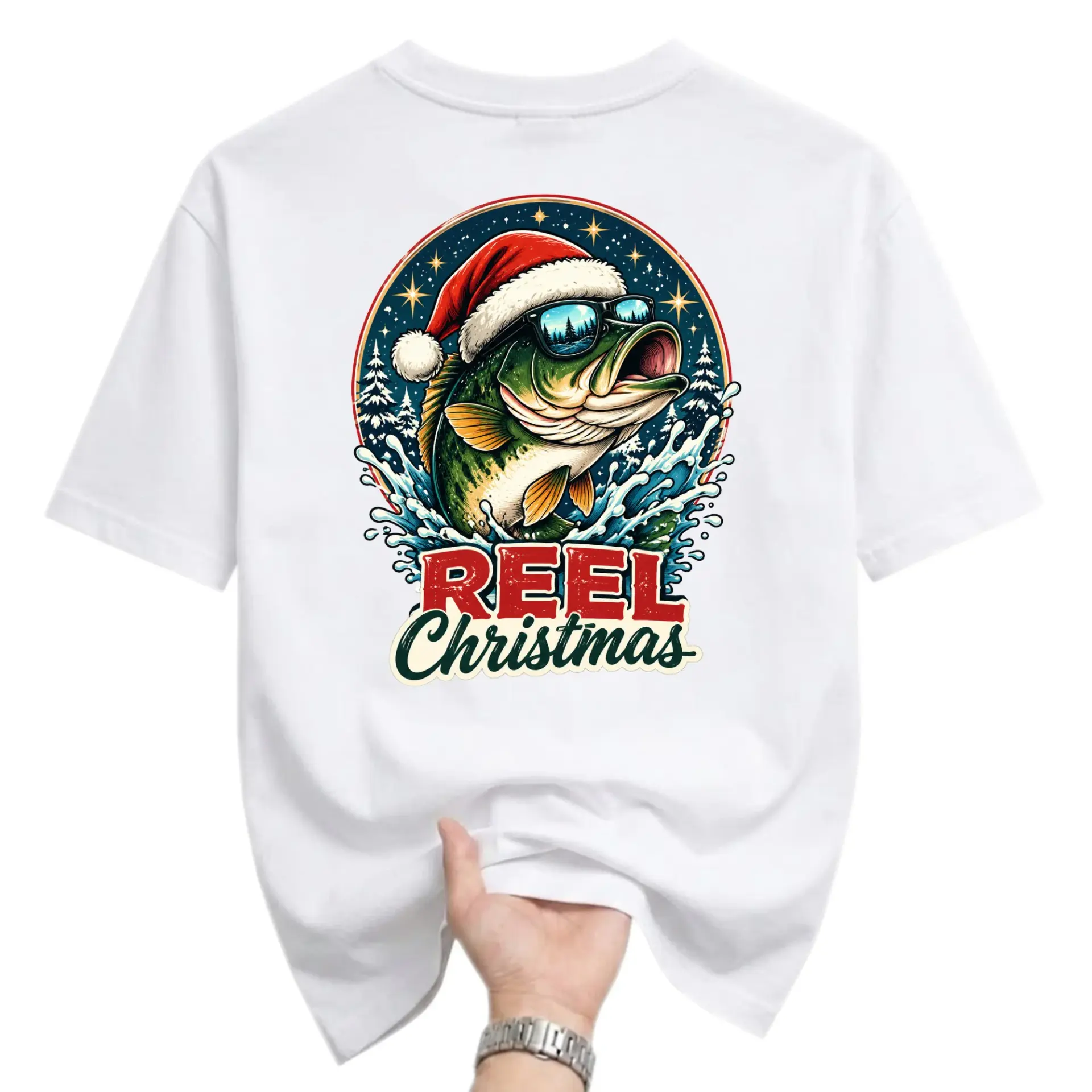 Funny Shirt Reel Christmas Fishing Graphic Tee Holiday Season Crew Neck