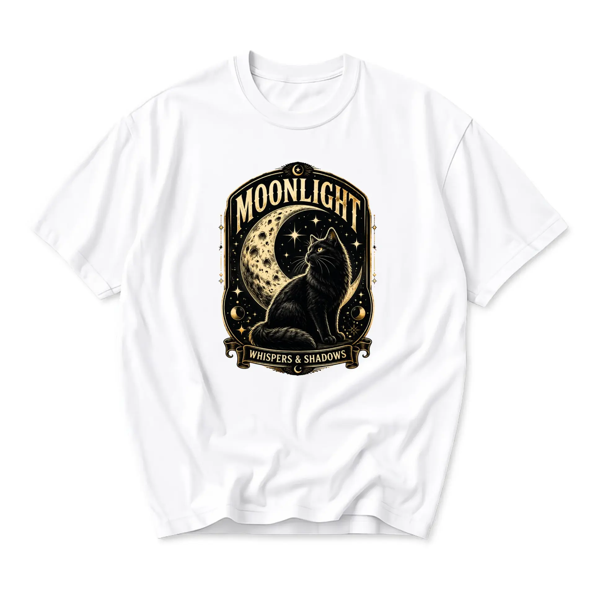 Graphic Tee Moonlight Whispers and Shadows Black Cat Artistic Illustration Print on Unisex Crew Neck Cotton T-Shirt