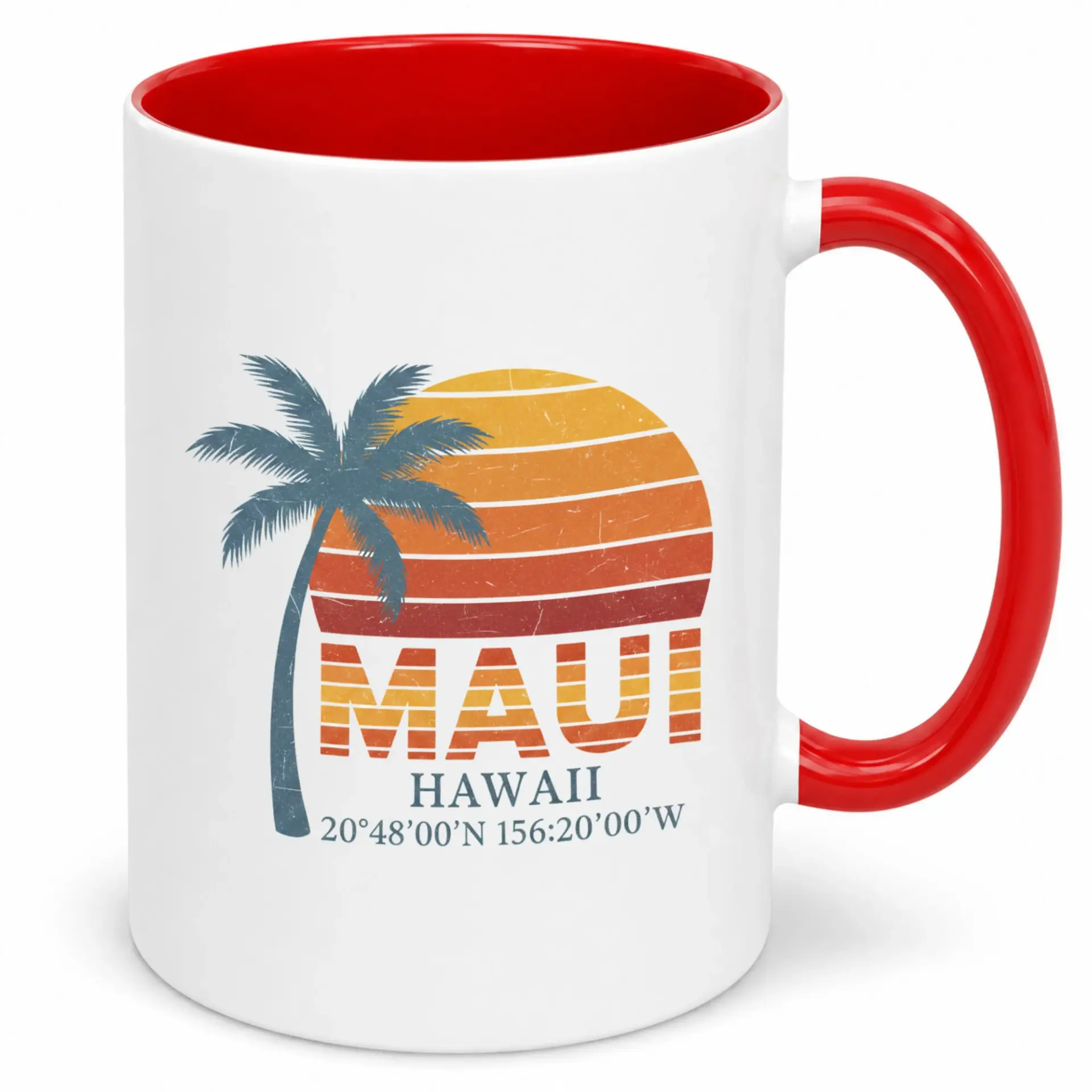 Coffee Mug with Maui Hawaii Coordinates and Palm Tree Sunset Design, White Ceramic Drinkware for Home or Office