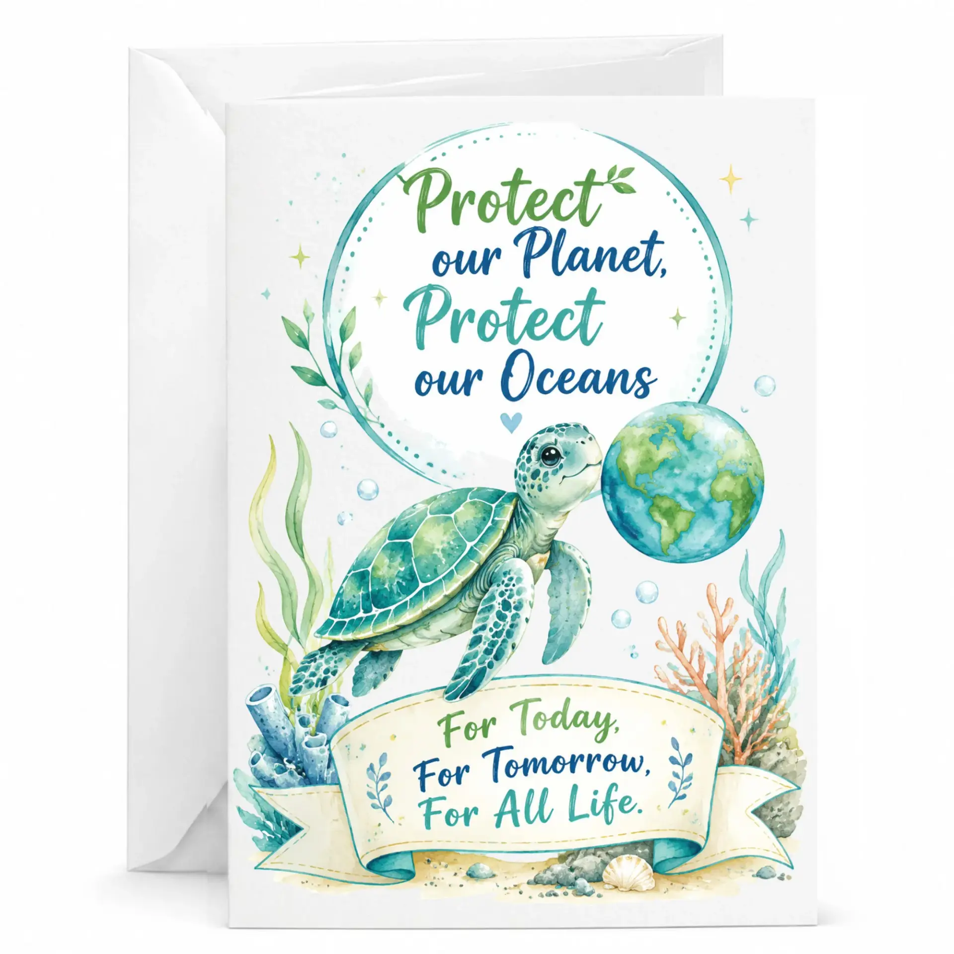 Greeting Card Protect Our Planet Oceans Sea Turtle Illustration Eco Friendly Message Stationery 5x7 Folded Note