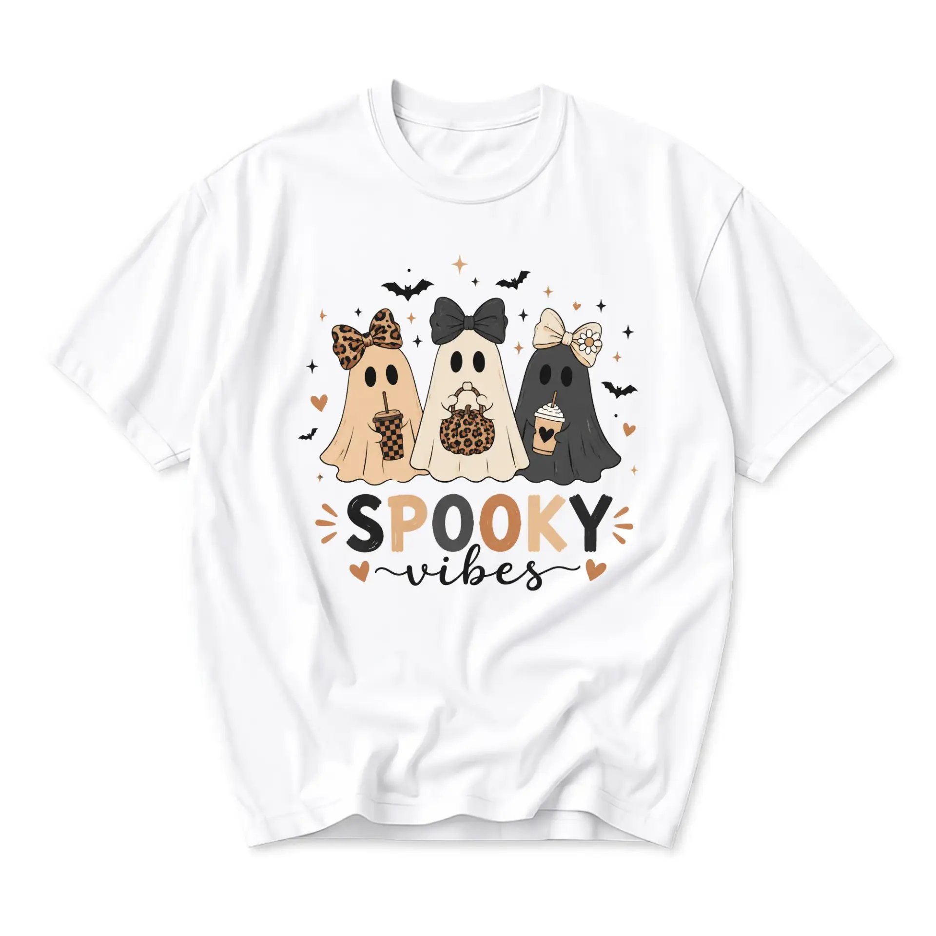 Graphic Tee Spooky Vibes Ghost Print Unisex Crew Neck Shirt for Casual Fall Season Wear and Daily Style Outfits