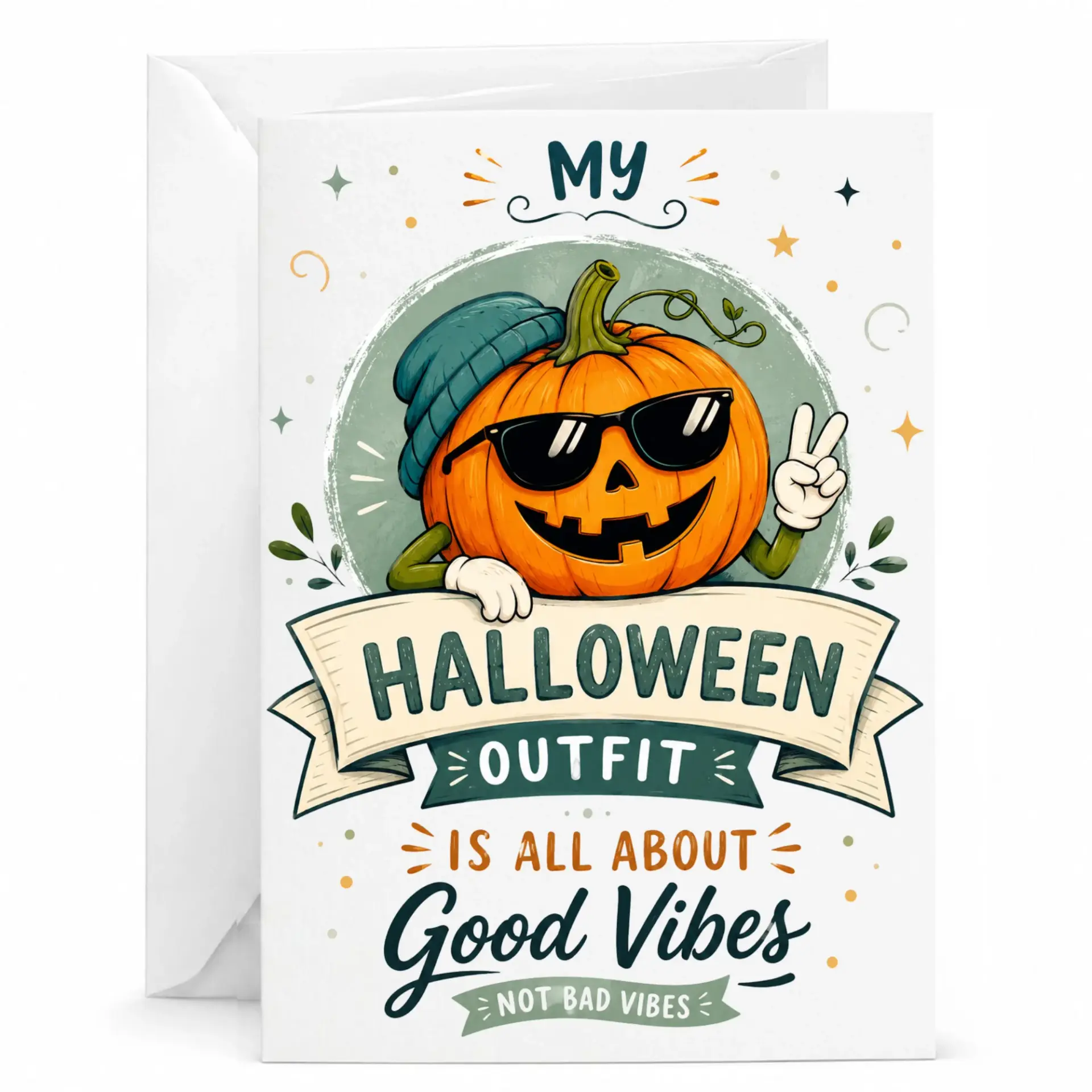 Funny Halloween Card with Pumpkin Wearing Sunglasses Design Festive Autumn Greeting for Seasonal Wishes
