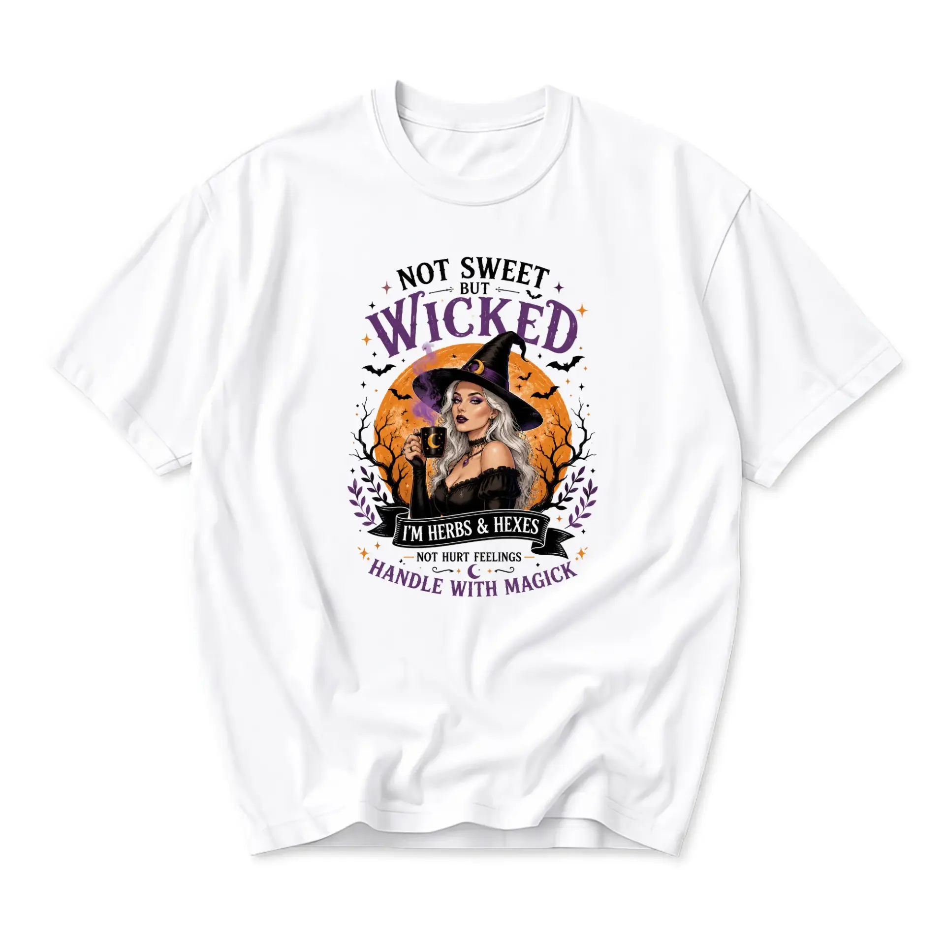 Graphic Tee Not Sweet but Wicked Witch Illustration Unisex Casual Crew Neck T-Shirt for Everyday Style and Comfort