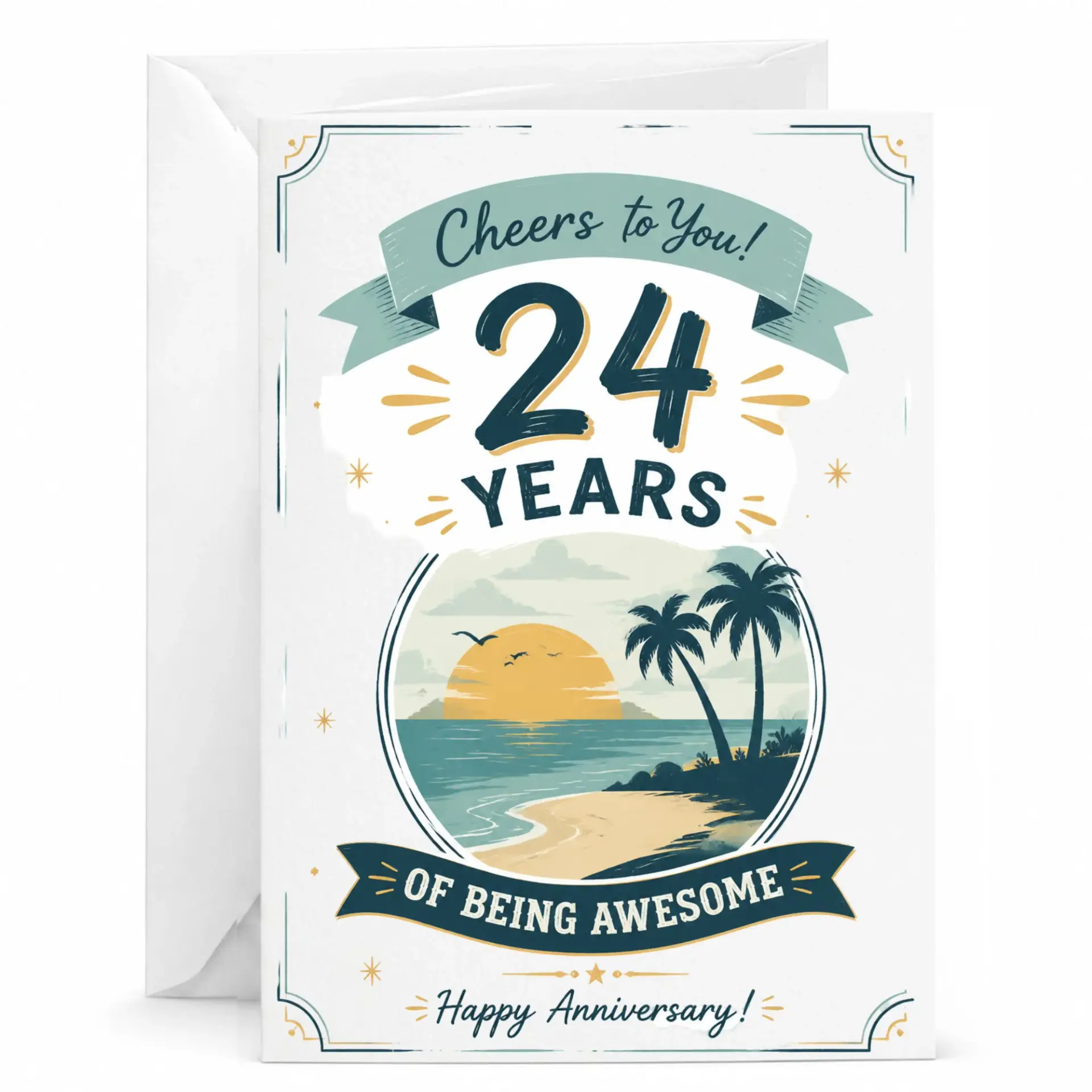 Anniversary Card for 24 Years of Being Awesome Funny Retro Beach Tropical Sunset Greeting Card with Matching Envelope