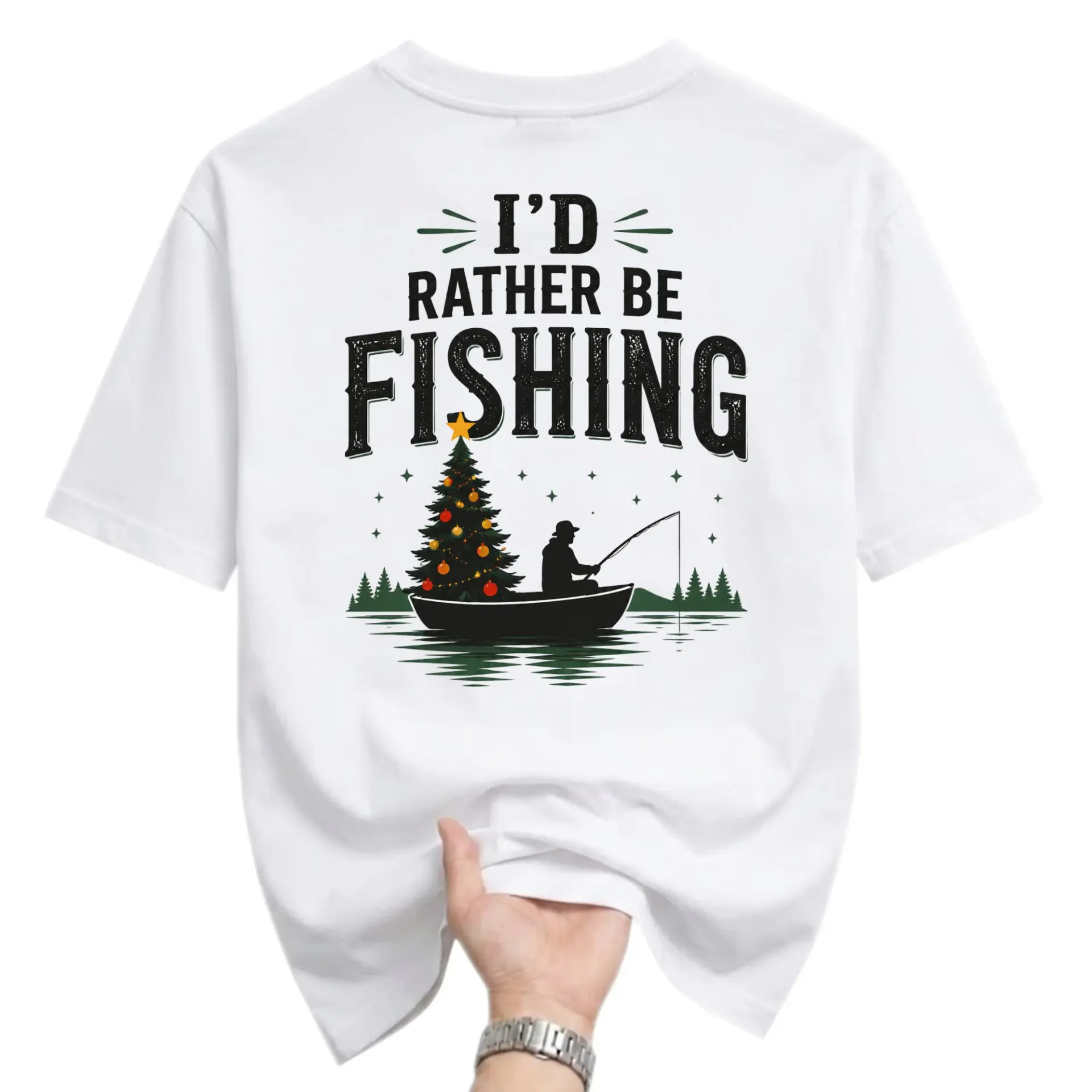Funny Shirt I Would Rather Be Fishing Christmas Tree Graphic Tee Unisex Cotton Blend Casual Crew Neck Holiday Apparel