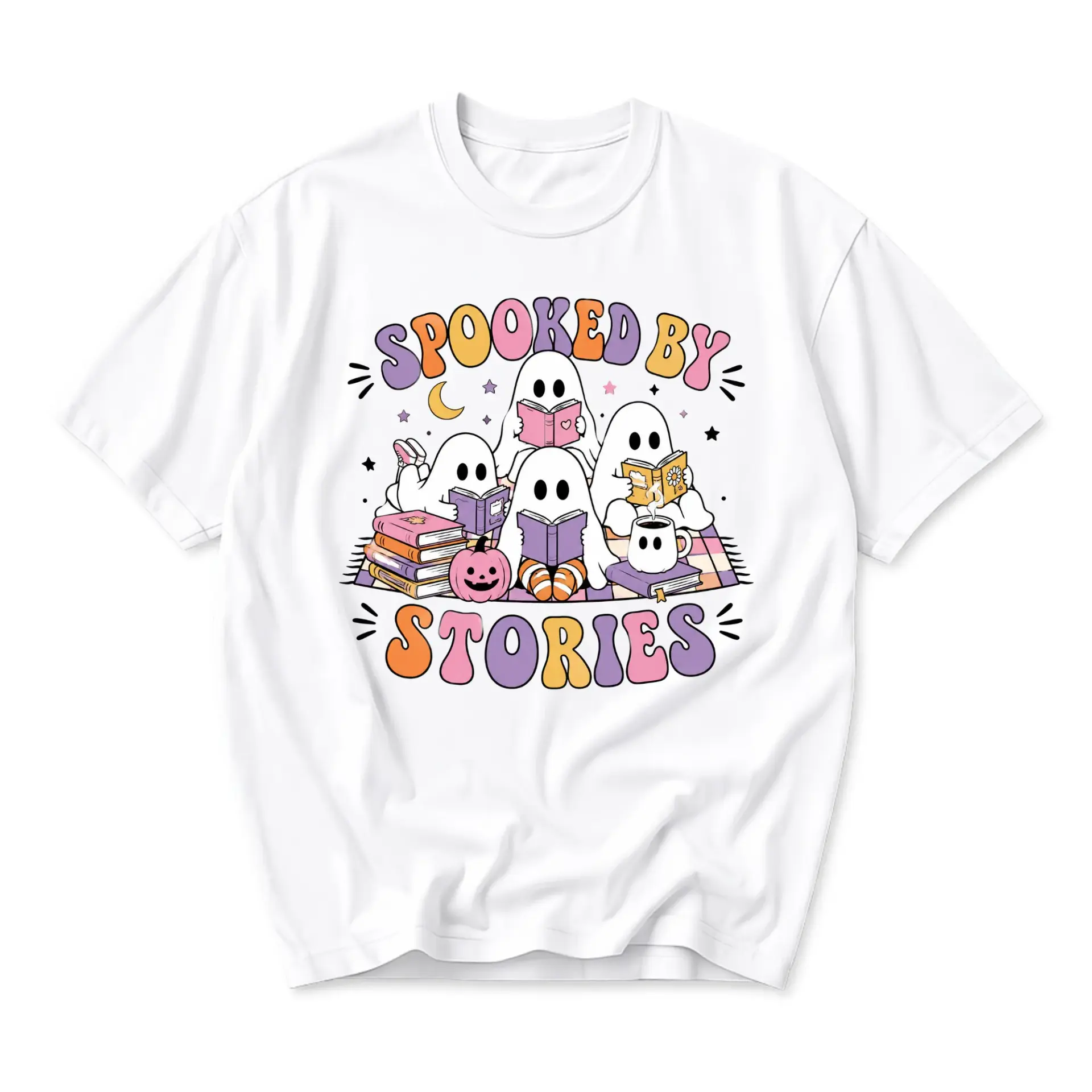 Graphic Tee Spooked by Stories Reading Ghosts Illustration Unisex Crew Neck Casual Everyday Short Sleeve Shirt