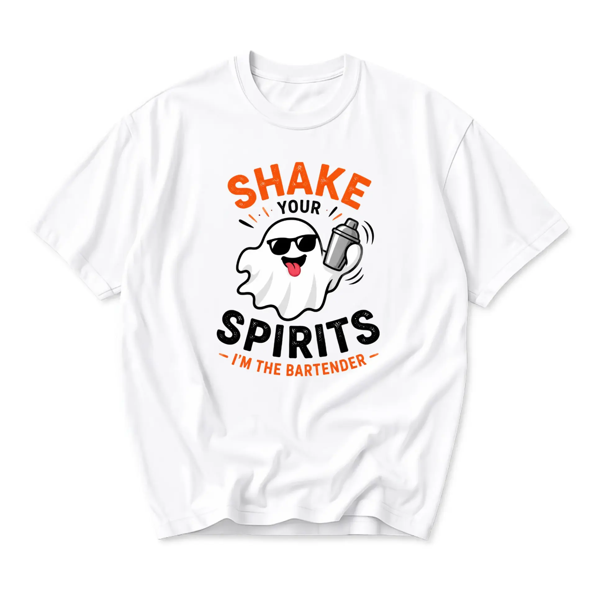 Funny Shirt Shake Your Spirits Bartender Ghost Graphic Tee Unisex Casual Crew Neck Soft Cotton Blend Summer Top