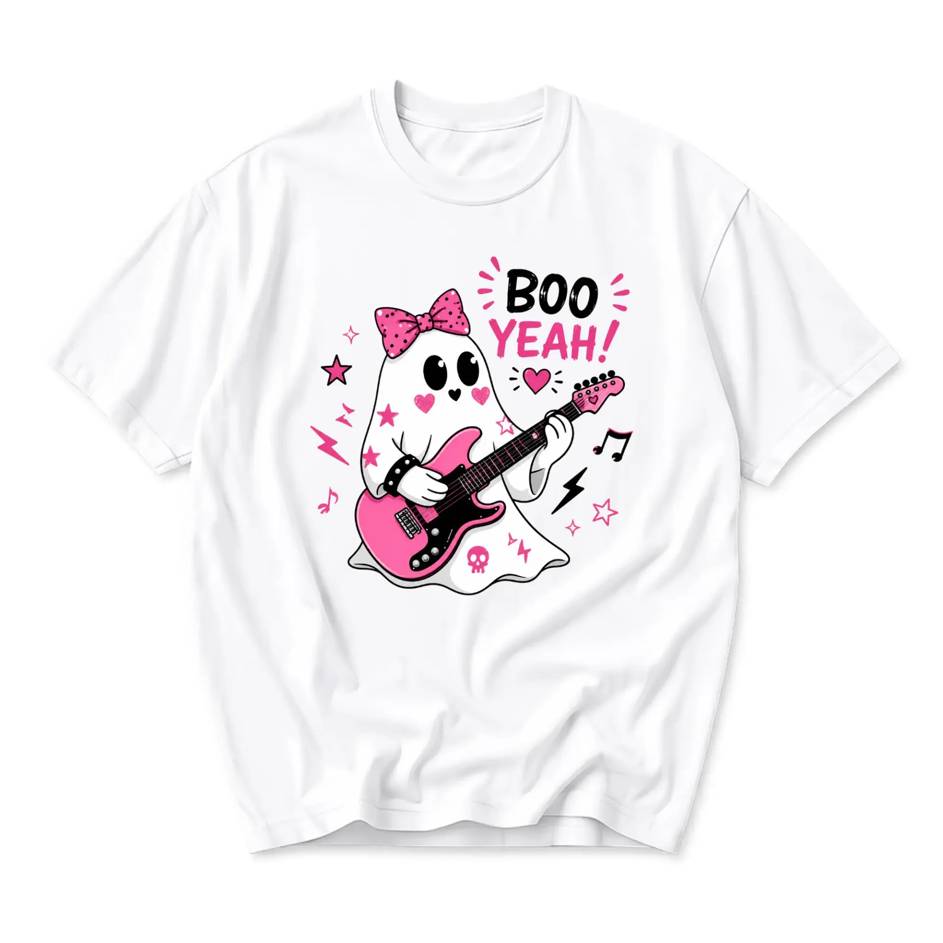 Graphic Tee Unisex Crew Neck T-Shirt Featuring a Cute Ghost Playing Electric Guitar with Pink Bow and Musical Elements