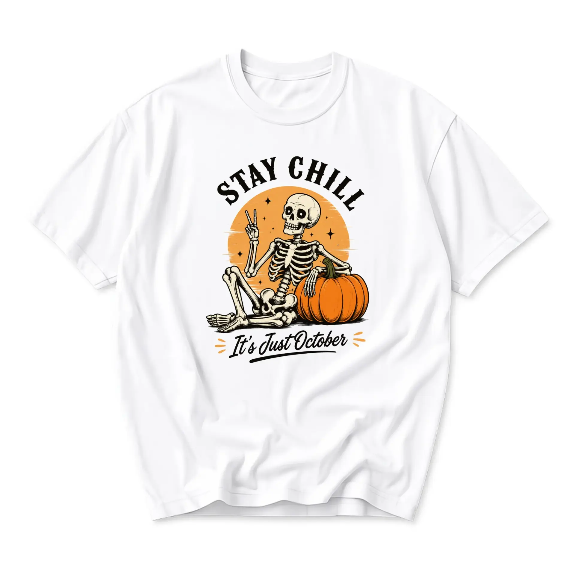 Funny Shirt Stay Chill Its Just October Skeleton Graphic Tee Unisex Casual Crew Neck Comfortable Cotton Blend Top