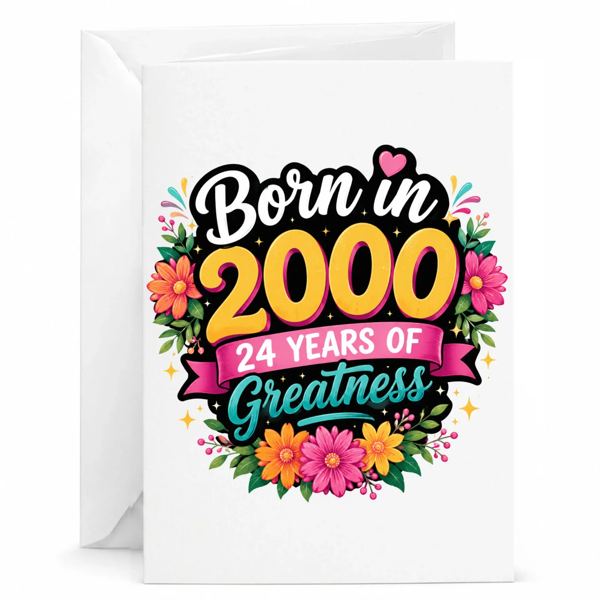 Birthday Card Born in 2000 24 Years of Greatness Funny Greeting Card with Floral Design for Milestone Celebration