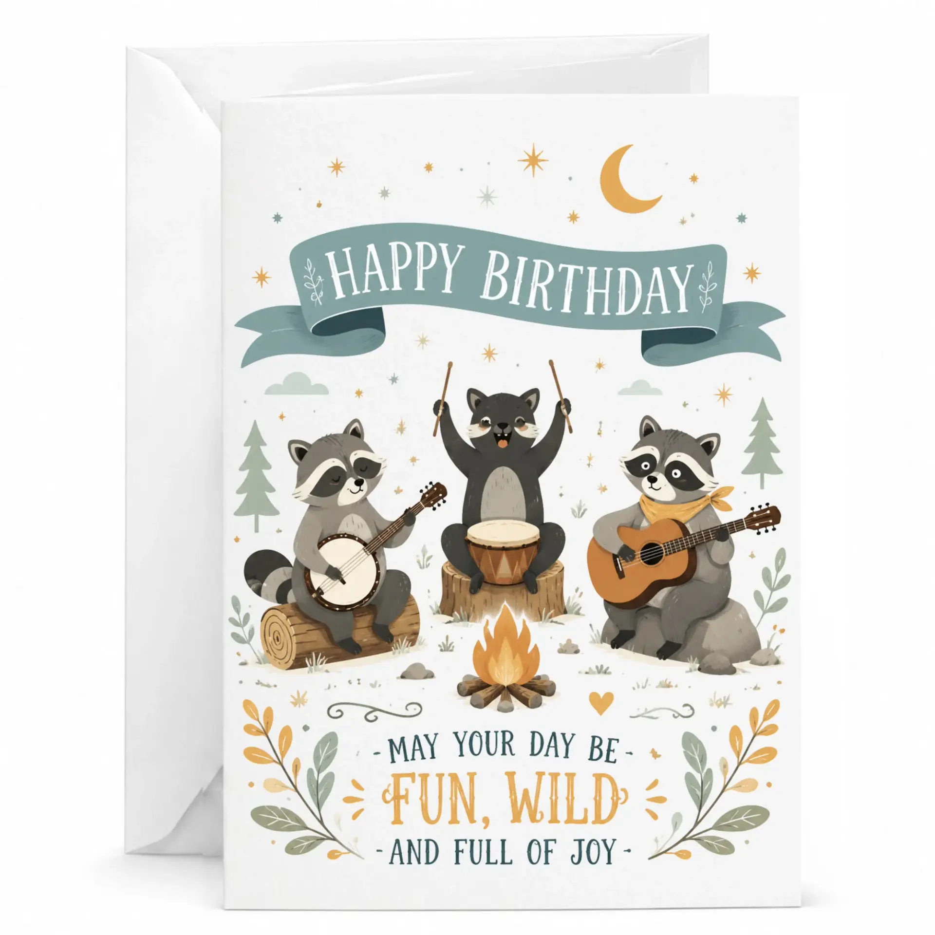 Birthday Card Featuring a Whimsical Raccoon Band Playing Music by a Campfire Whimsical Woodland Creature Greeting Card