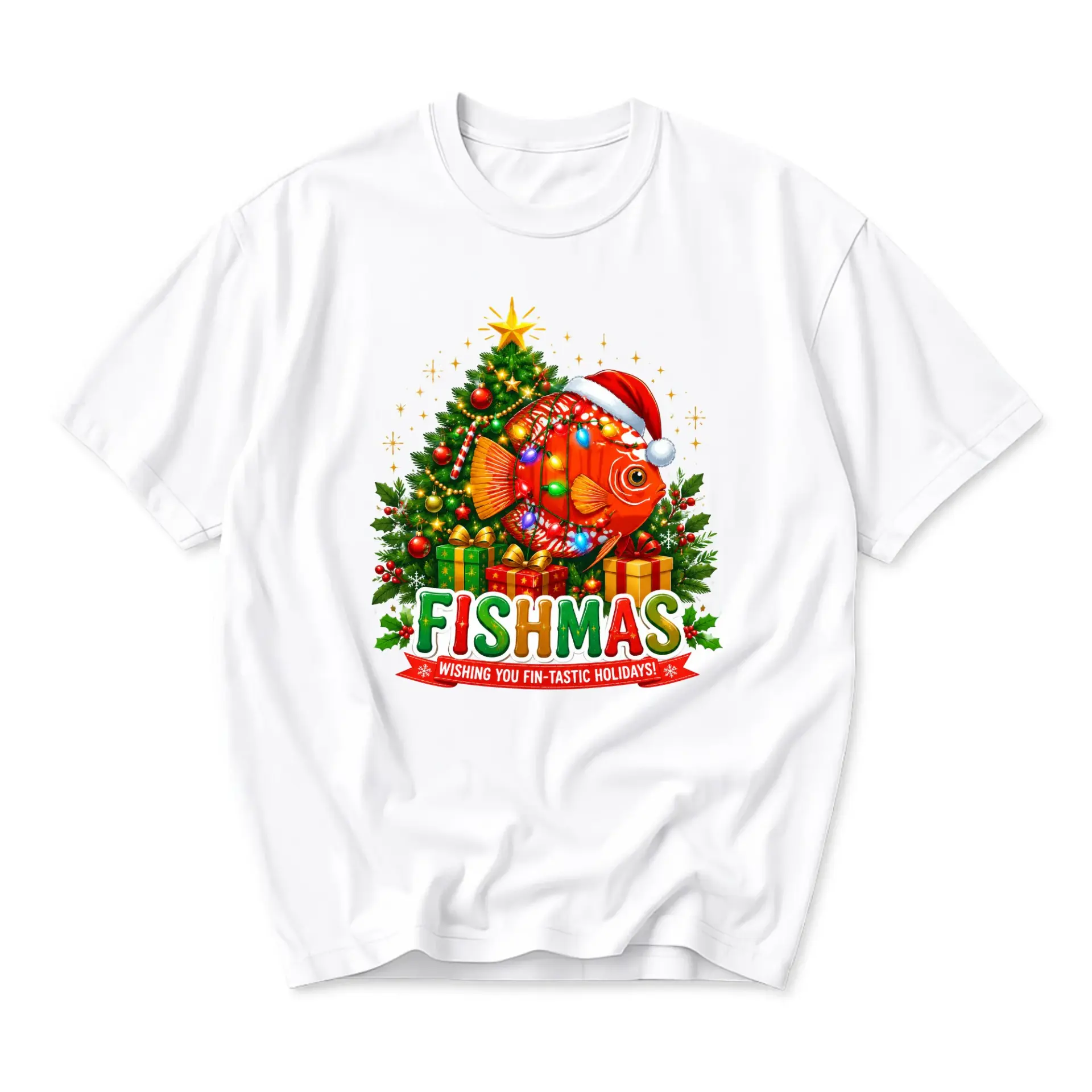 Funny Shirt Fishmas Graphic Tee Unisex Crew Neck Holiday Apparel for Casual Wear Seasonal Celebration Clothing