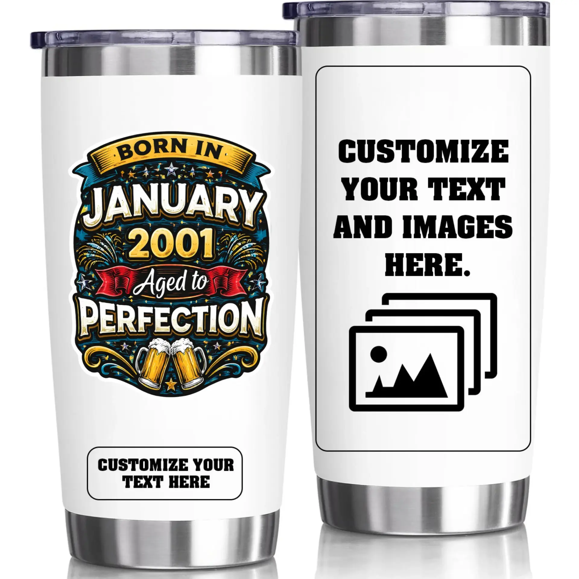 Stainless Steel Tumbler Born in January 2001 Aged to Perfection 20oz Insulated Cup Custom Birthday Gift Travel Mug