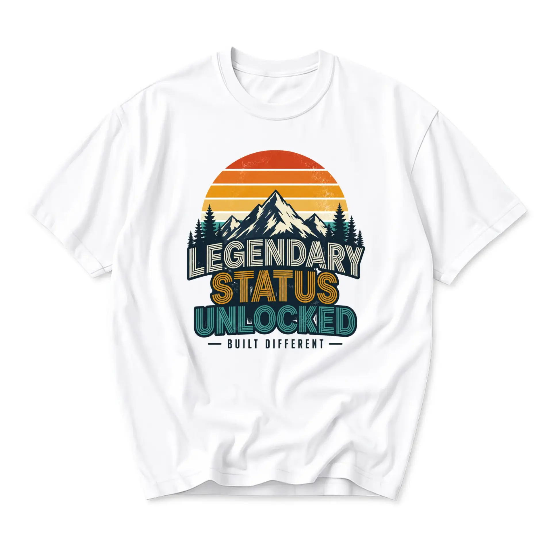Graphic Tee Legendary Status Unlocked Built Different Shirt Retro Mountain Sunset Adventure Unisex Crew Neck Top