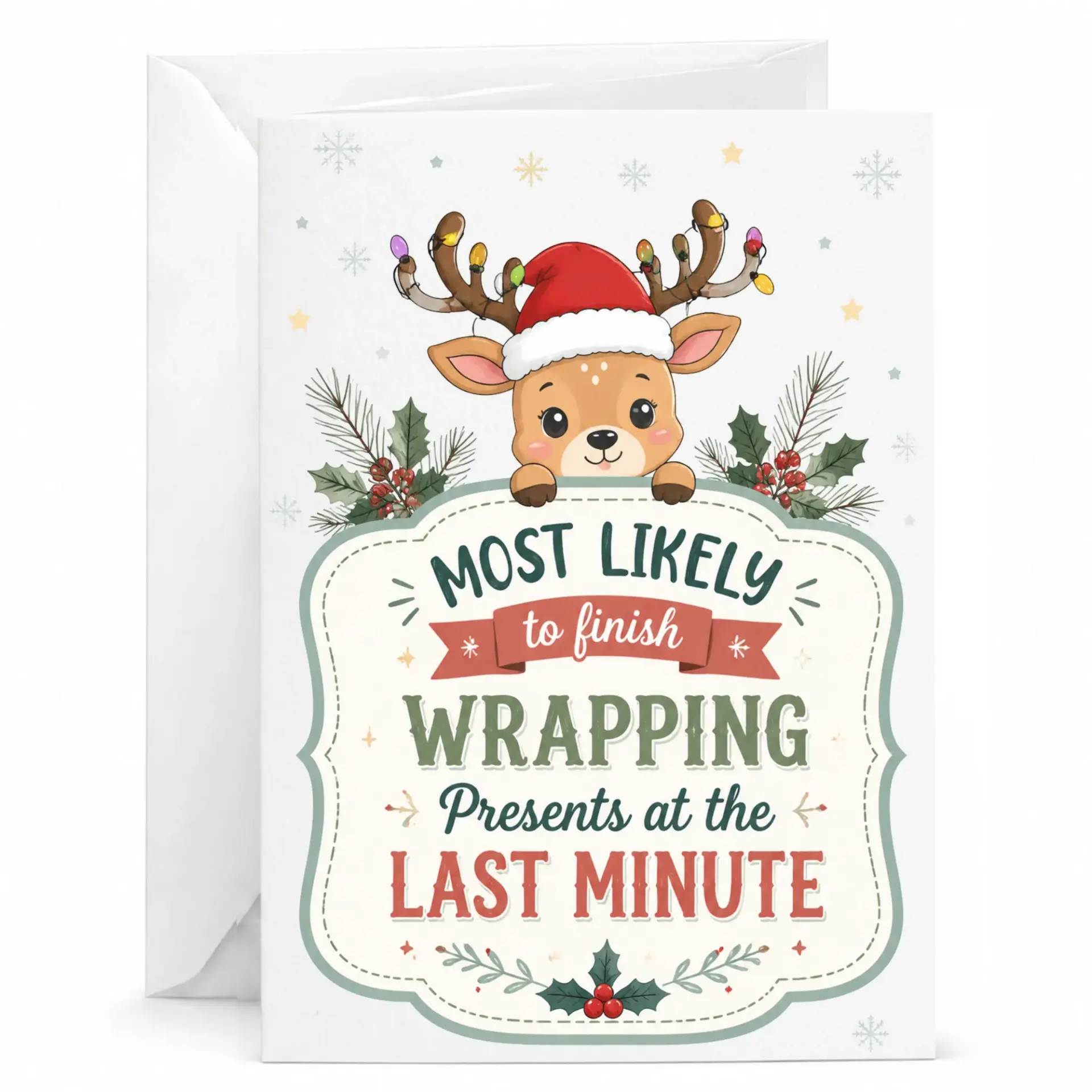 Funny Christmas Greeting Card Most Likely to Finish Wrapping Presents at the Last Minute Holiday Note Card