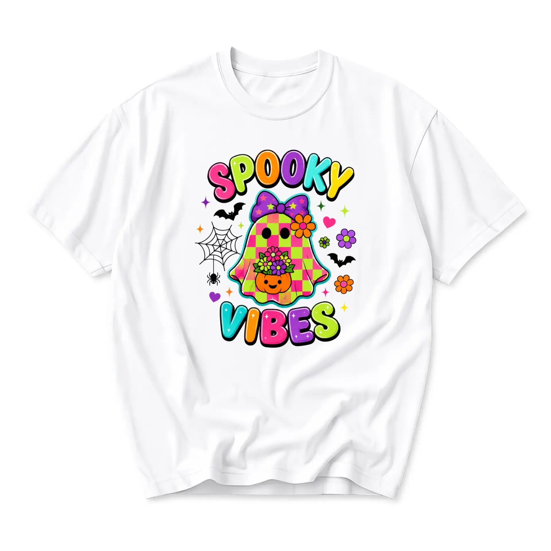 Graphic Tee Spooky Vibes Ghost with Flowers Checkerboard Print Unisex Short Sleeve Casual Everyday Crew Neck Shirt
