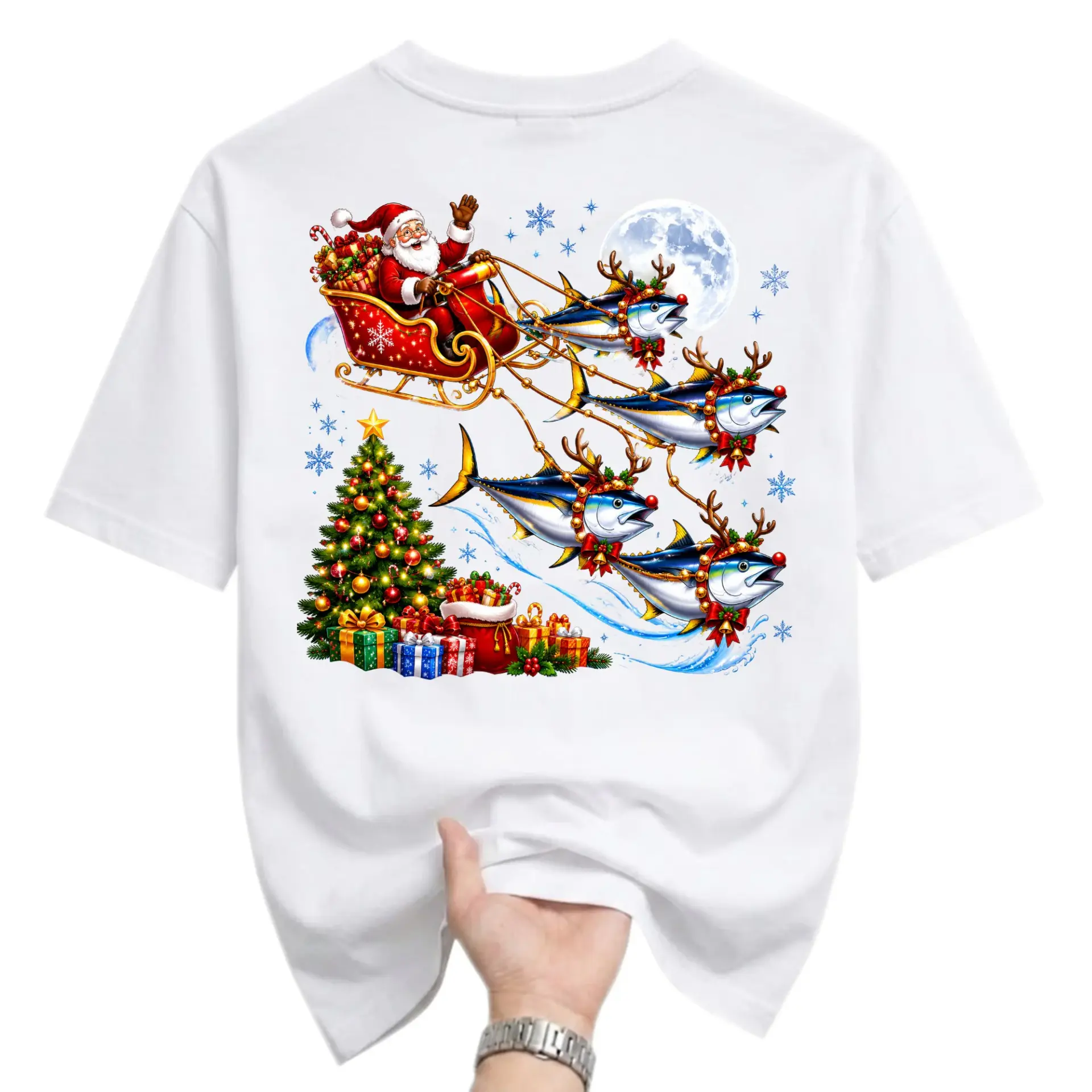 Funny Shirt Christmas Sleigh Graphic Tee Featuring Santa Claus Riding with Fish Reindeer Holiday Crew Neck Top