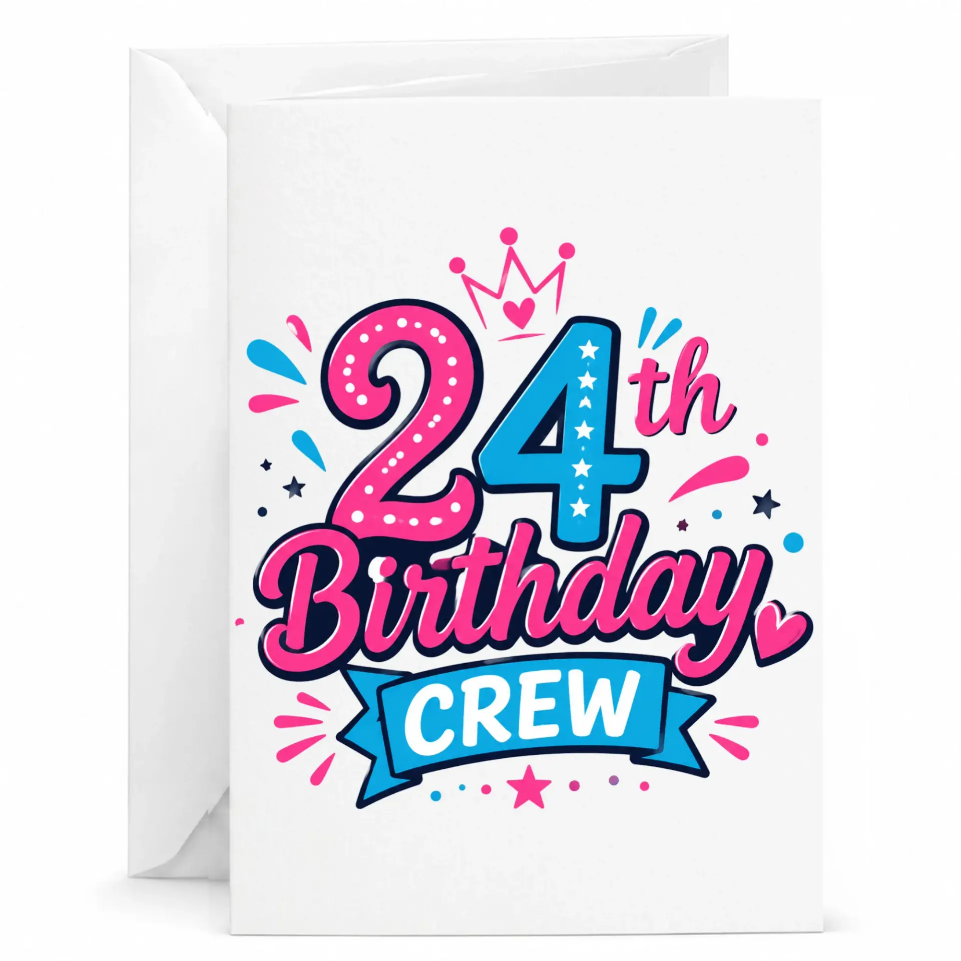 Birthday Card 24th Birthday Crew Greeting Card Fun Pink and Blue Typography Design for Milestone Celebration Event