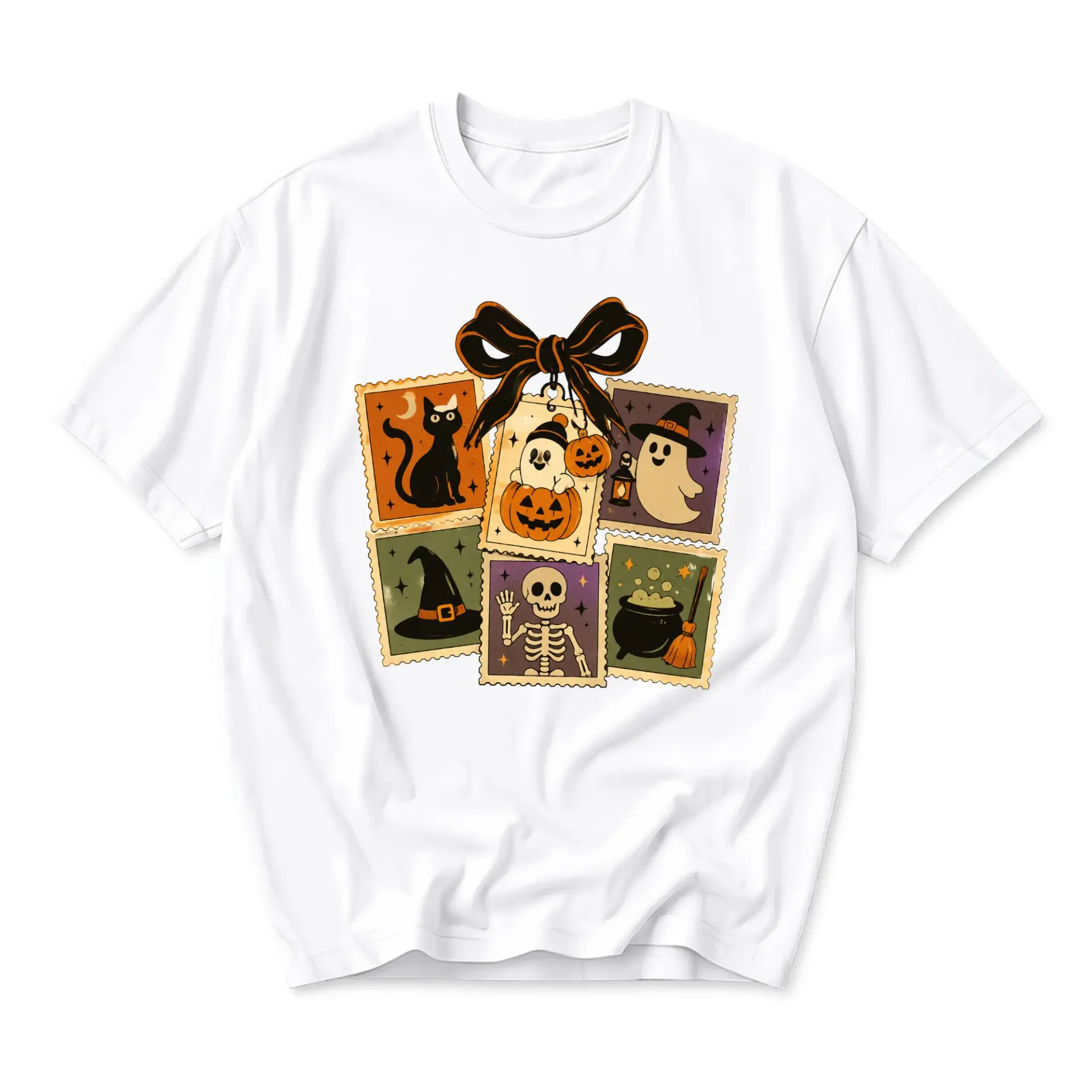 Graphic Tee Unisex Halloween Motif Shirt Featuring Retro Style Ghost Skeleton Cat and Witch Hat Illustration