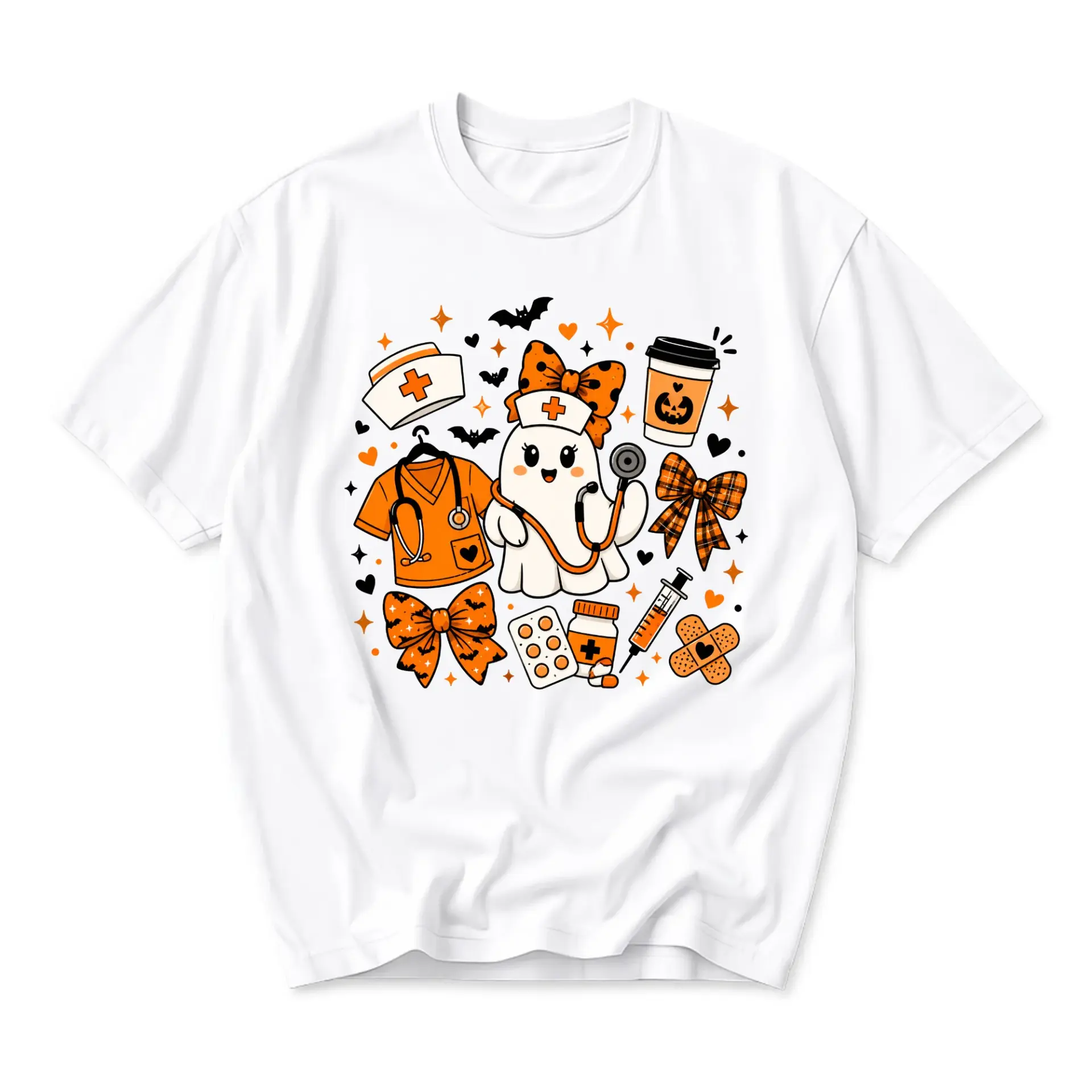 Funny Shirt Unisex Graphic Printed T-Shirt Featuring Cute Halloween Ghost Nurse Medical Theme Apparel for Everyday Wear