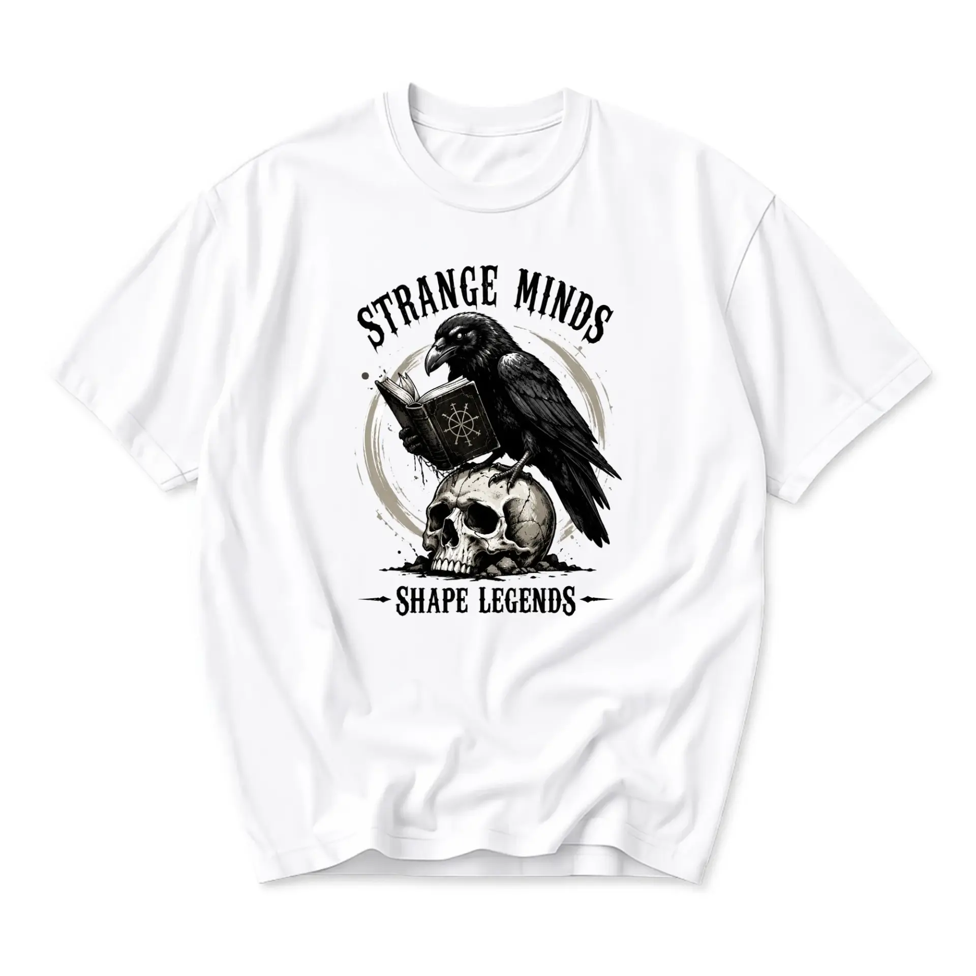Graphic Tee Strange Minds Shape Legends Raven Skull Art Unisex Cotton Crew Neck Casual Short Sleeve T-Shirt White