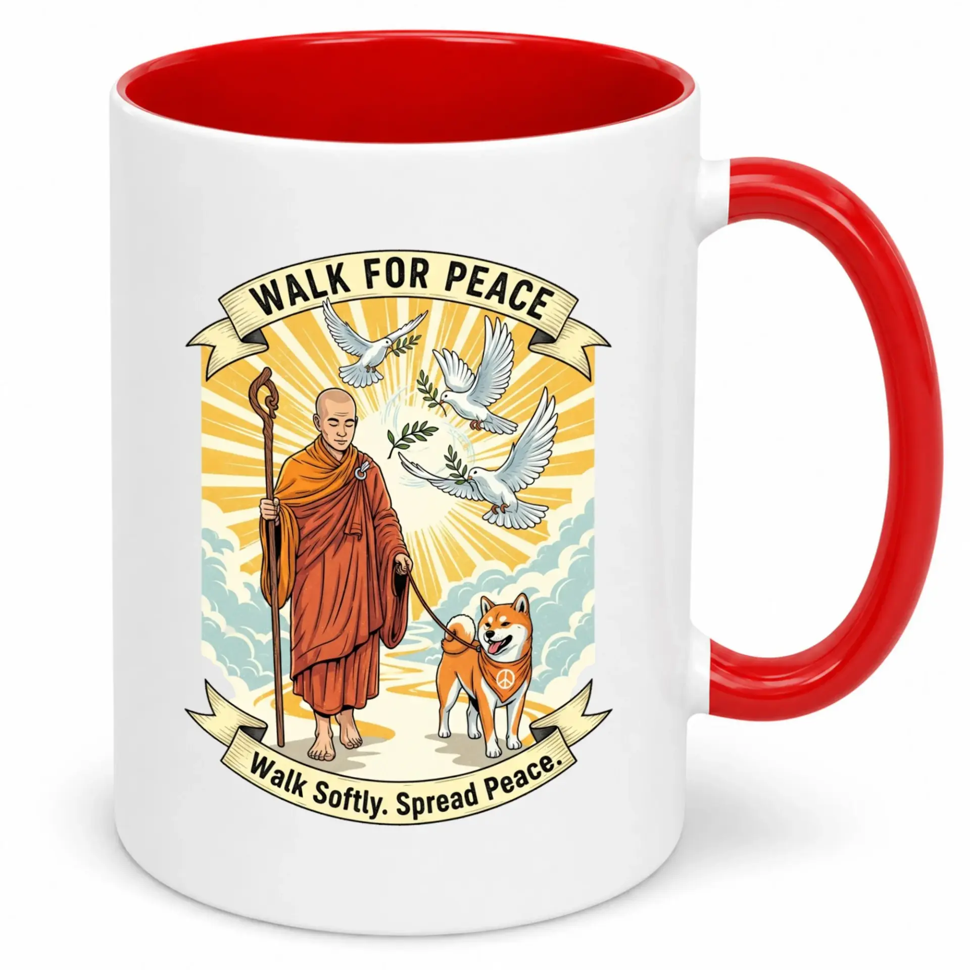 Ceramic Coffee Mug with Peace Symbol Design, Monk and Dog Illustration, Inspirational Morning Tea Cup Gift, 11oz or 15oz White Ceramic Drinkware