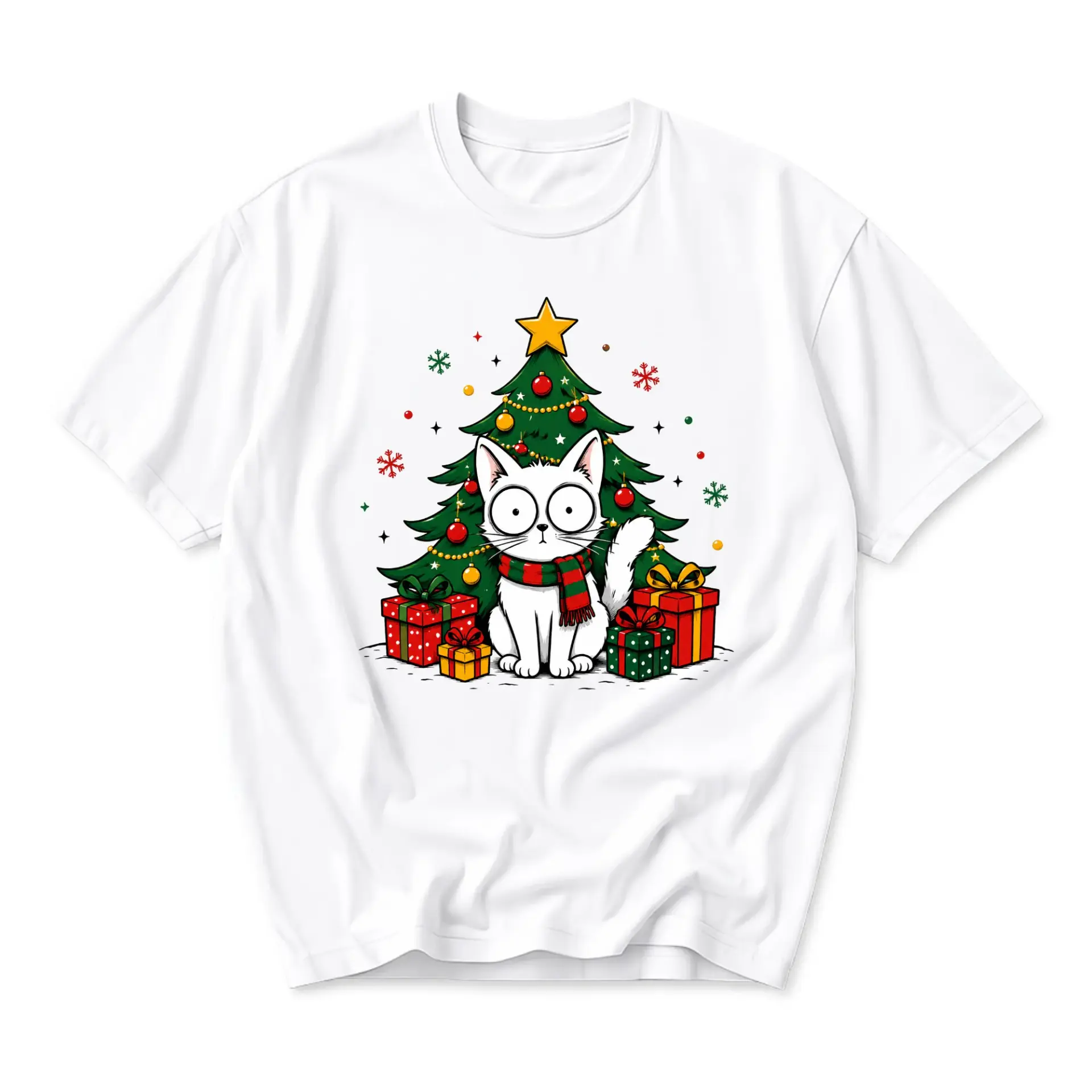 Graphic Tee Unisex Holiday Cat Christmas Tree Illustration Crew Neck Short
