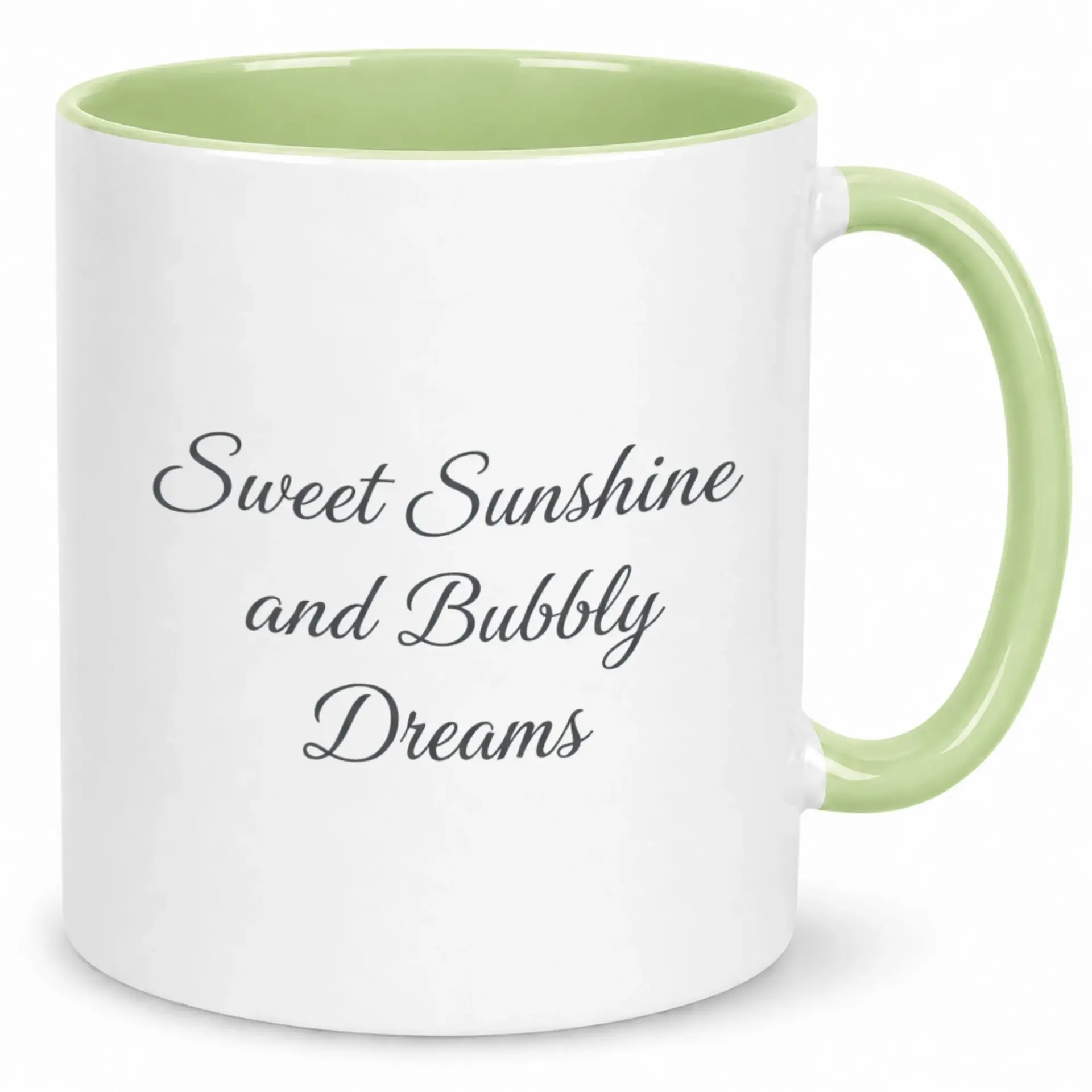 Coffee Mug with Green Handle and Interior - Sweet Sunshine and Bubbly Dreams Ceramic Drinkware for Home Office
