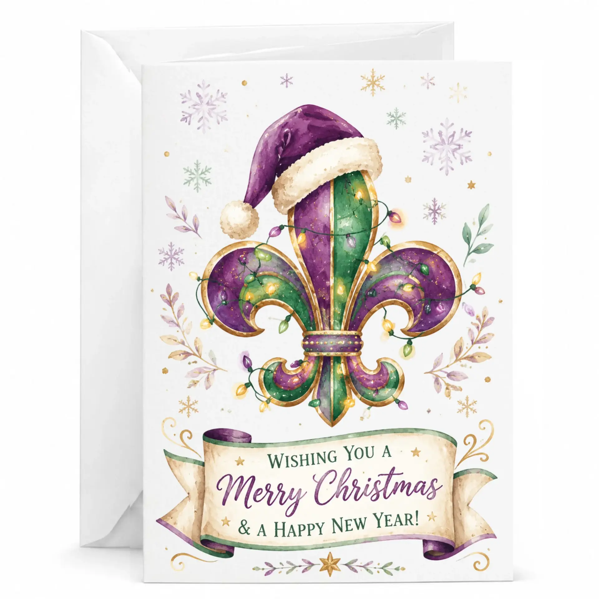 Greeting Card with Fleur De Lis Christmas Design, Festive Holiday Note for Friends and Family, 5x7 Folded Stationery