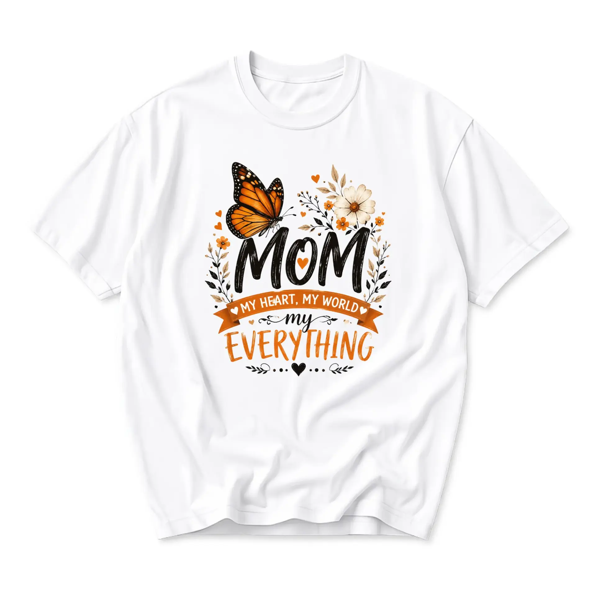 Graphic Tee Mom My Heart My World My Everything Butterfly Floral Design Casual Unisex Short Sleeve Crew Neck Shirt