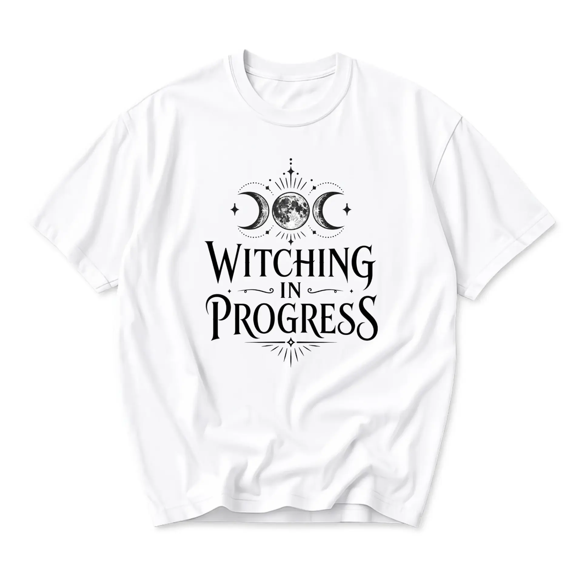 Funny Shirt Witching in Progress Graphic Tee Celestial Moon Aesthetic Unisex Casual Crew Neck Soft Cotton Apparel
