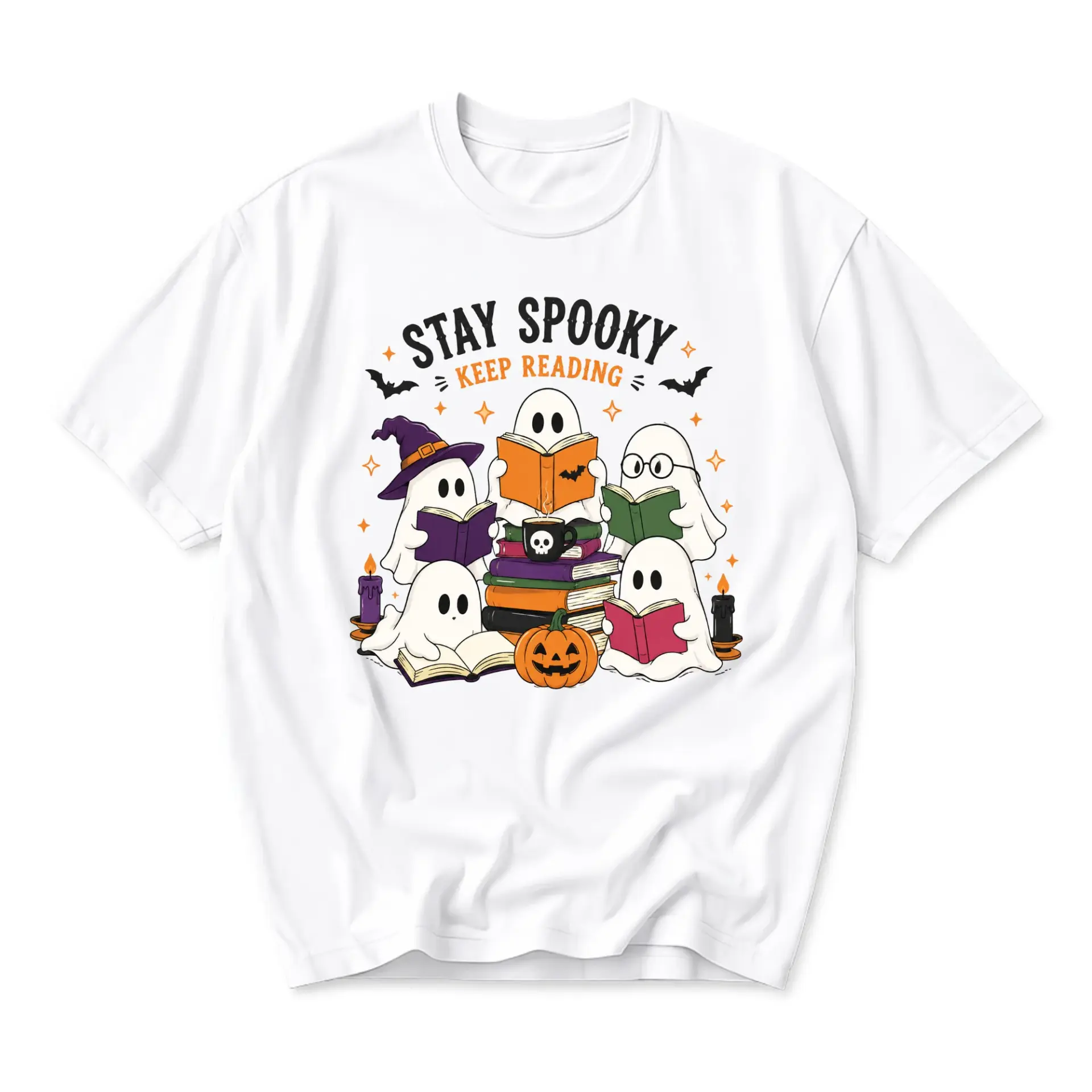 Graphic Tee Stay Spooky Keep Reading Ghost Book Club Print Unisex Casual Cotton Crew Neck Short Sleeve Shirt