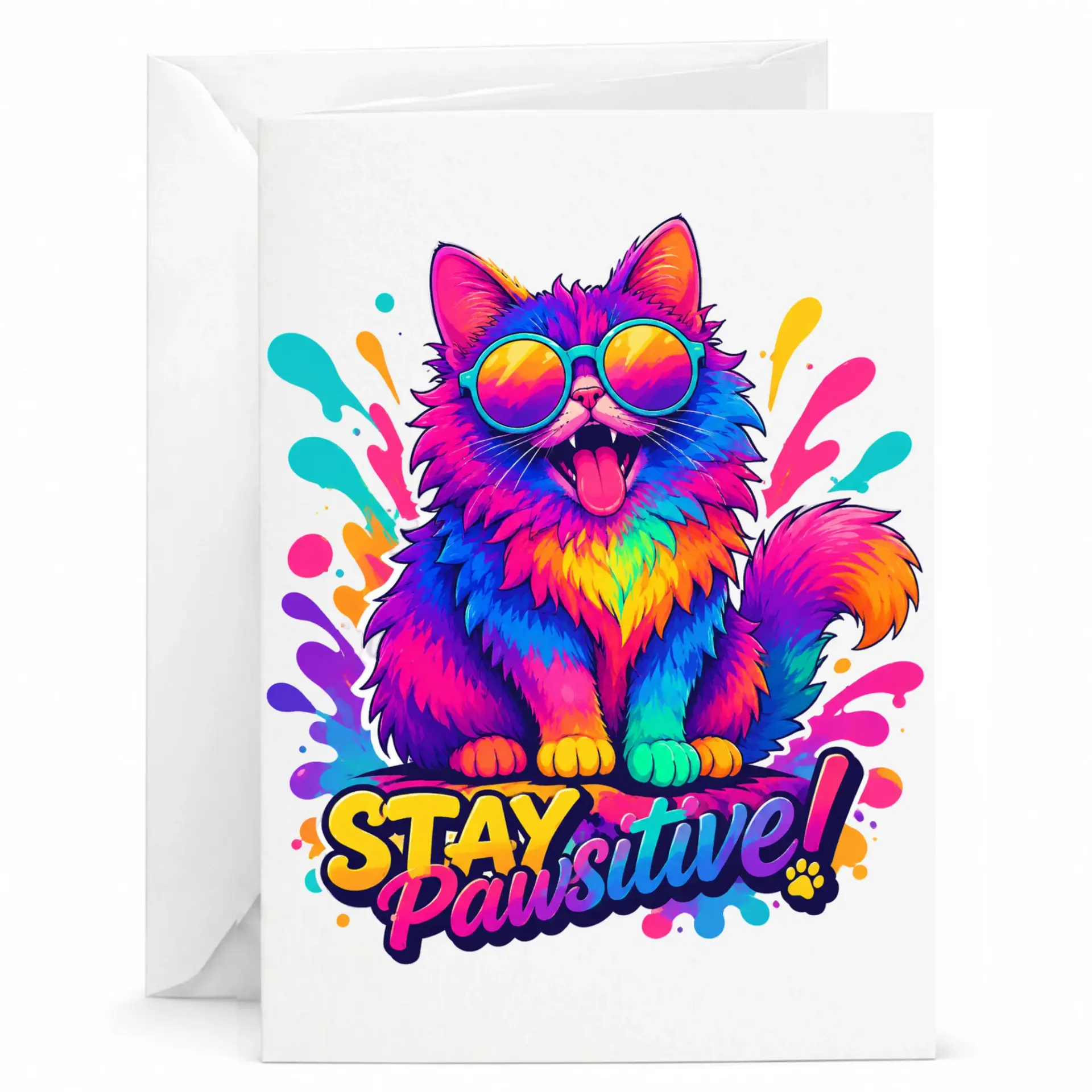 Funny Greeting Card Stay Pawsitive Cat Design with Sunglasses Vibrant Colorful Artwork for All Occasions
