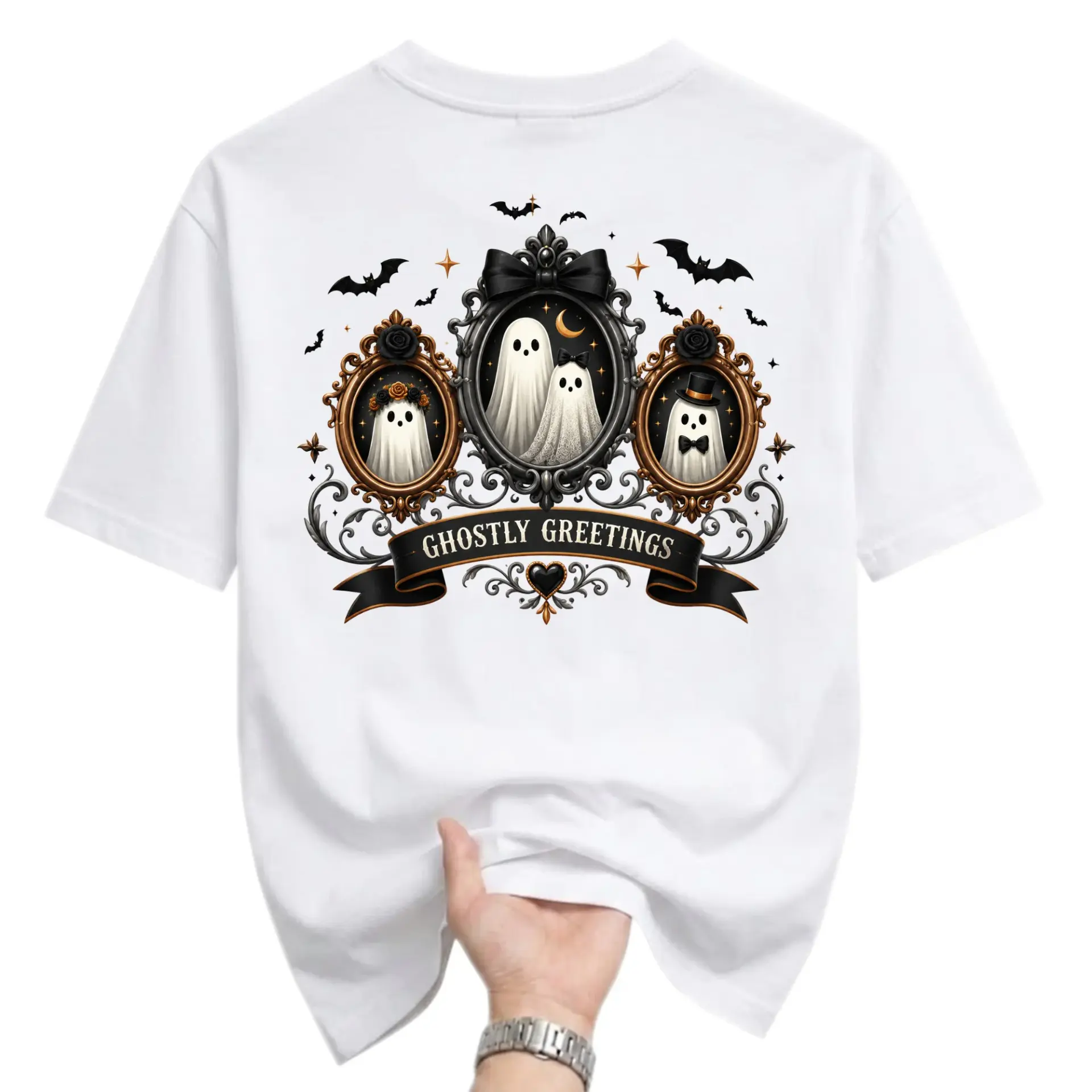 Graphic Tee Ghostly Greetings Haunted Portraits Gothic Halloween Art Unisex Crew Neck Casual Cotton Shirt White