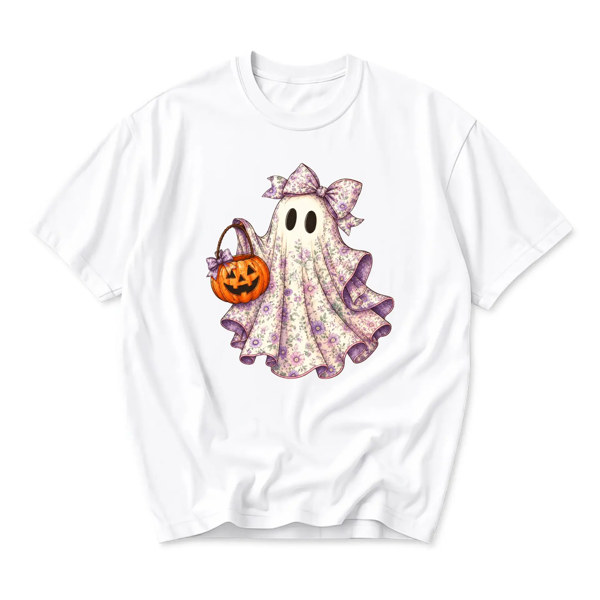 Graphic Tee Cute Floral Ghost Holding a Pumpkin Bucket Vintage Style Autumn Inspired Unisex Crew Neck Short Sleeve Top
