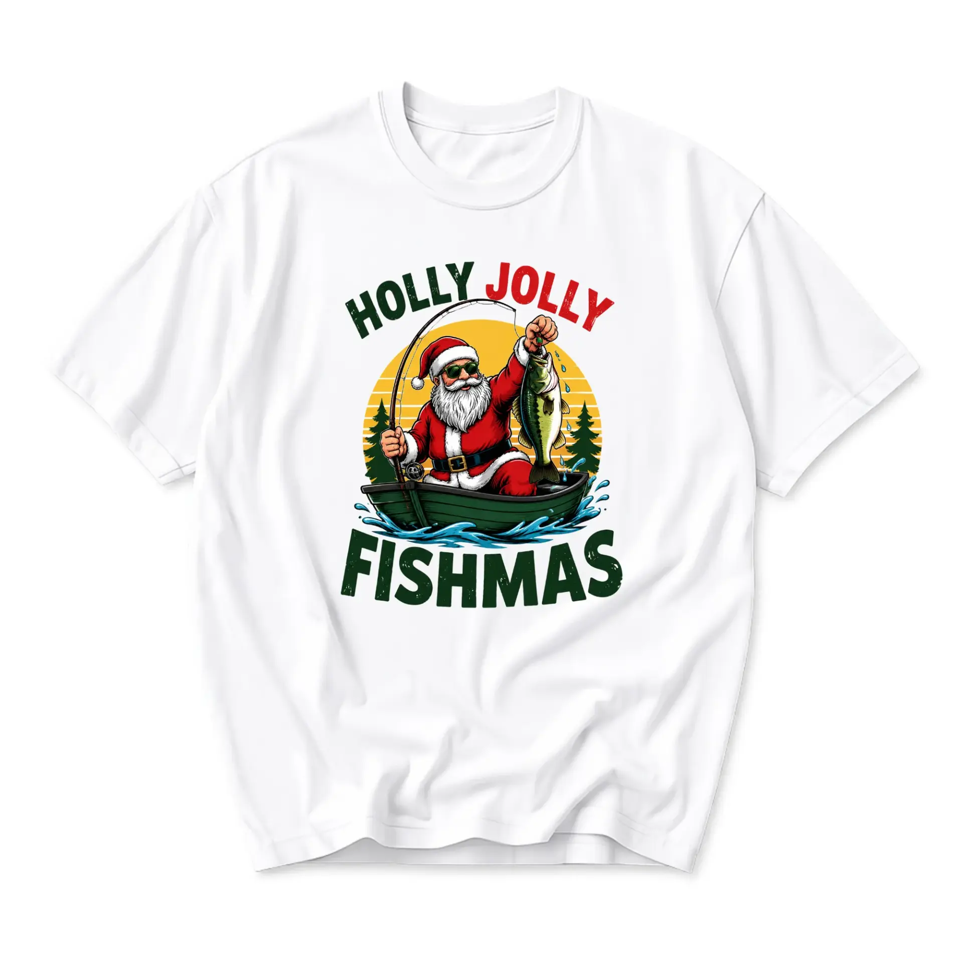 Funny Shirt Holly Jolly Fishmas Graphic Tee Retro Holiday Fishing Santa Claus Unisex Crew Neck Casual Cotton Top
