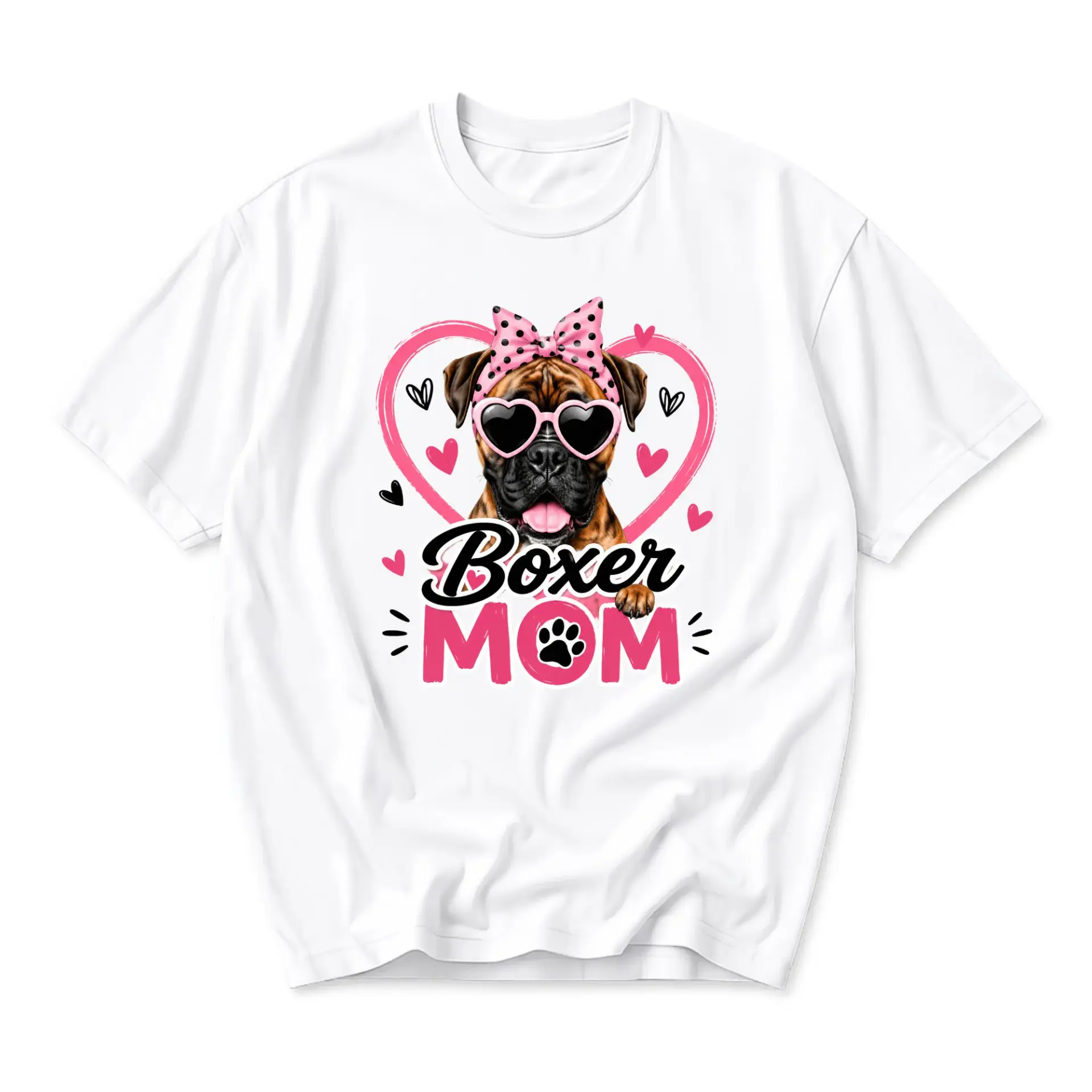 Graphic Tee Boxer Mom T-Shirt Featuring Adorable Dog Illustration with Pink Heart Sunglasses and Polka Dot Bow