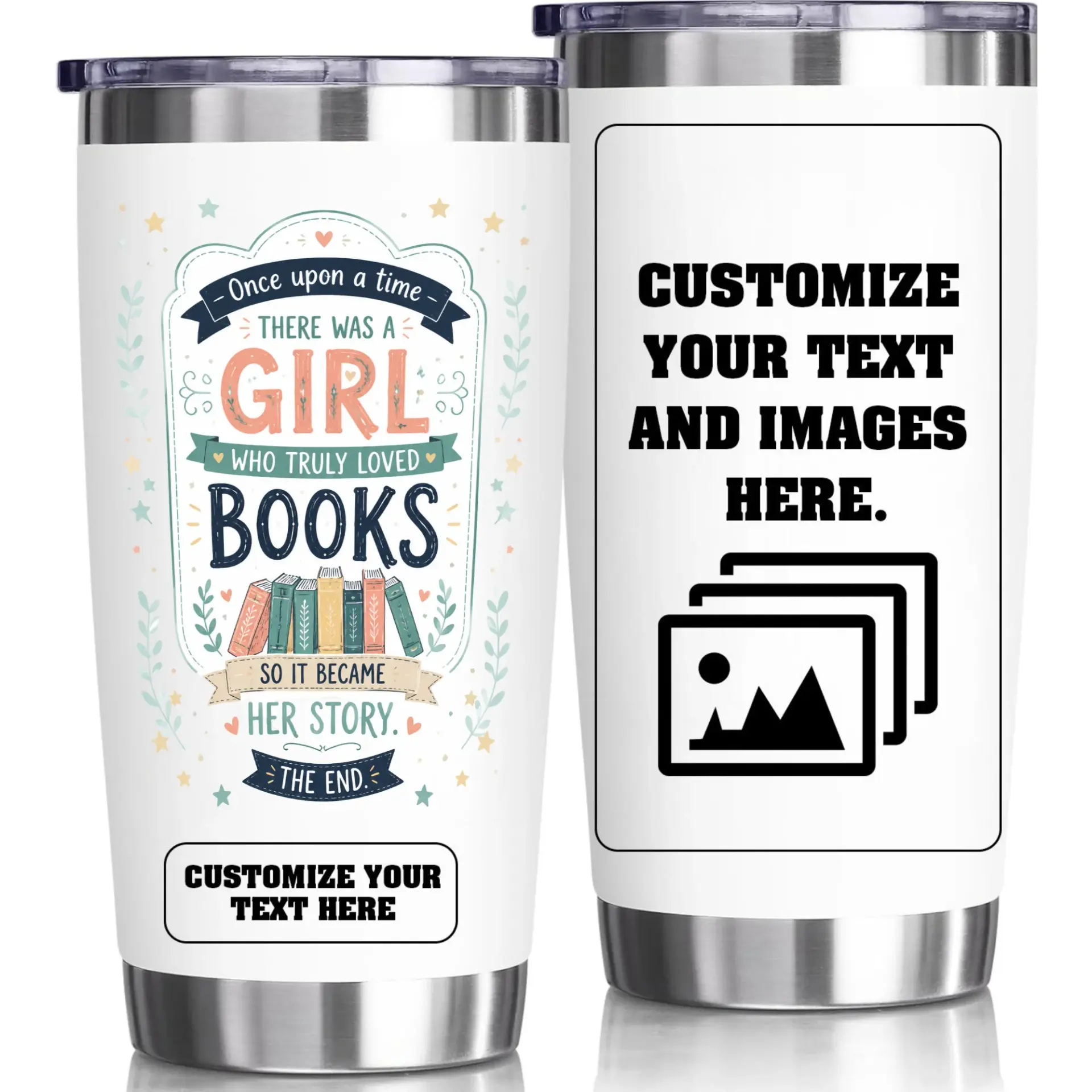 Stainless Steel Tumbler Personalized Book Lover Travel Cup 20oz Double Wall Insulated Coffee Mug Gift for Reader
