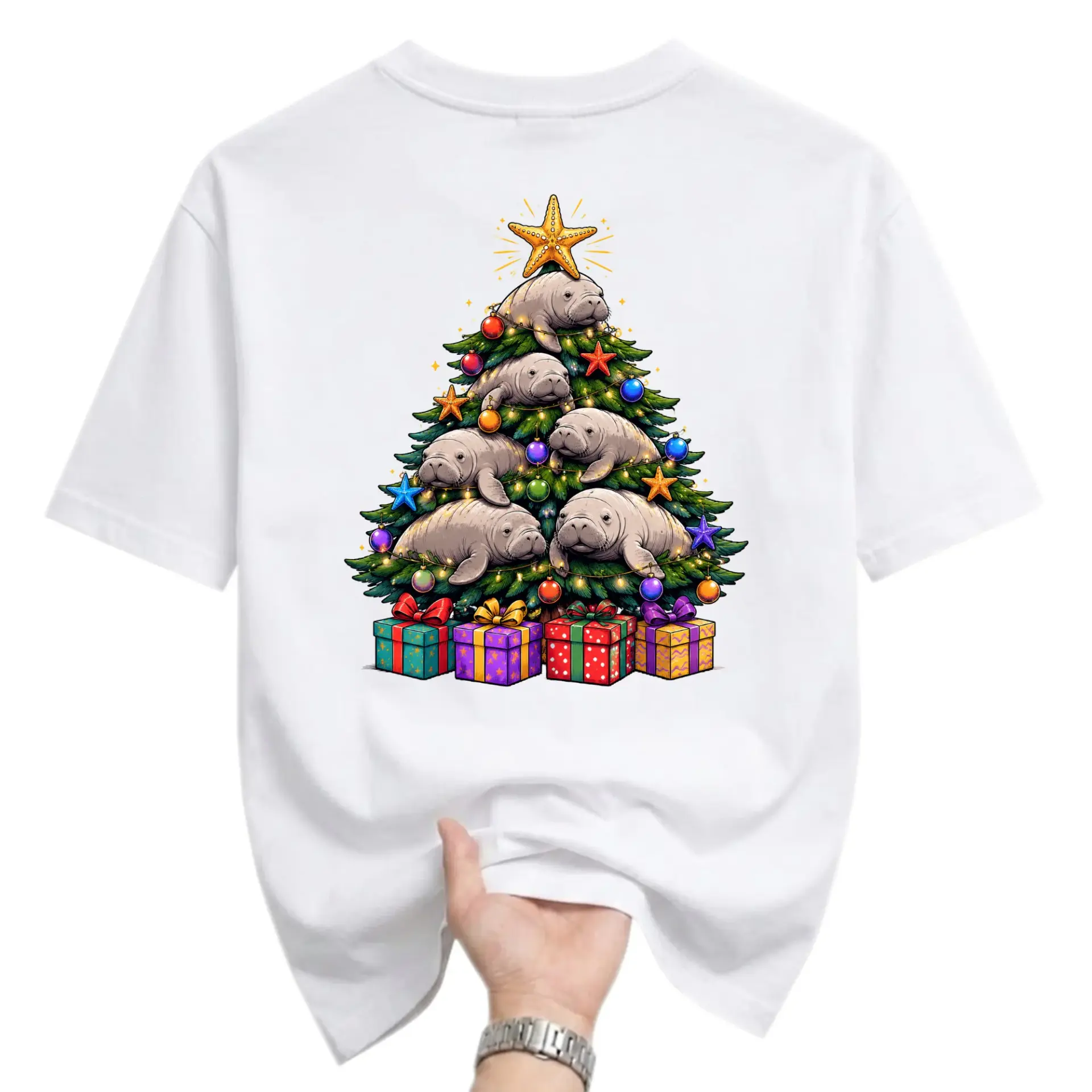 Graphic Tee Manatee Christmas Tree Shirt Unisex Short Sleeve Crew Neck Holiday Gift Casual Cotton Apparel White