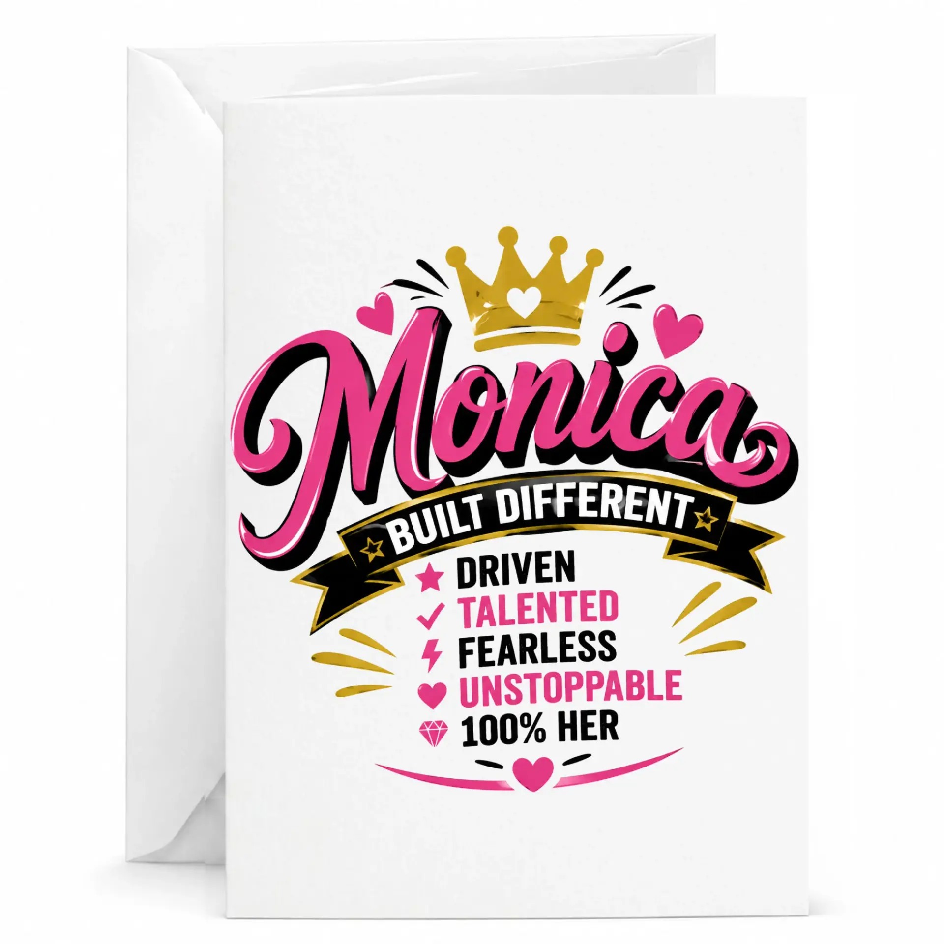 Greeting Card for Monica Built Different Featuring Driven Talented Fearless Unstoppable Empowering Custom Design
