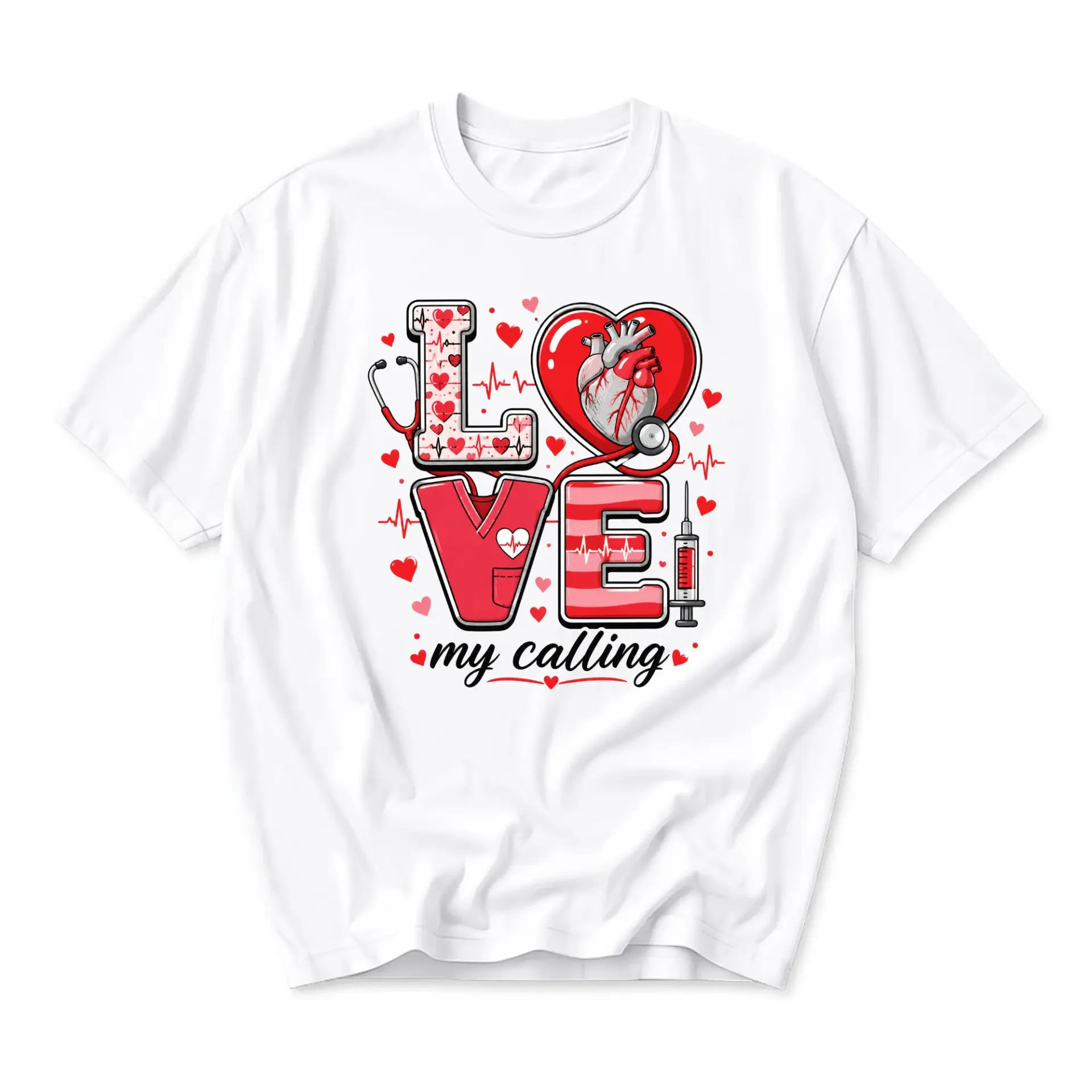 Graphic Tee Love My Calling Medical Heart Stethoscope Design Unisex Cotton Crew Neck Short Sleeve Shirt for Professionals