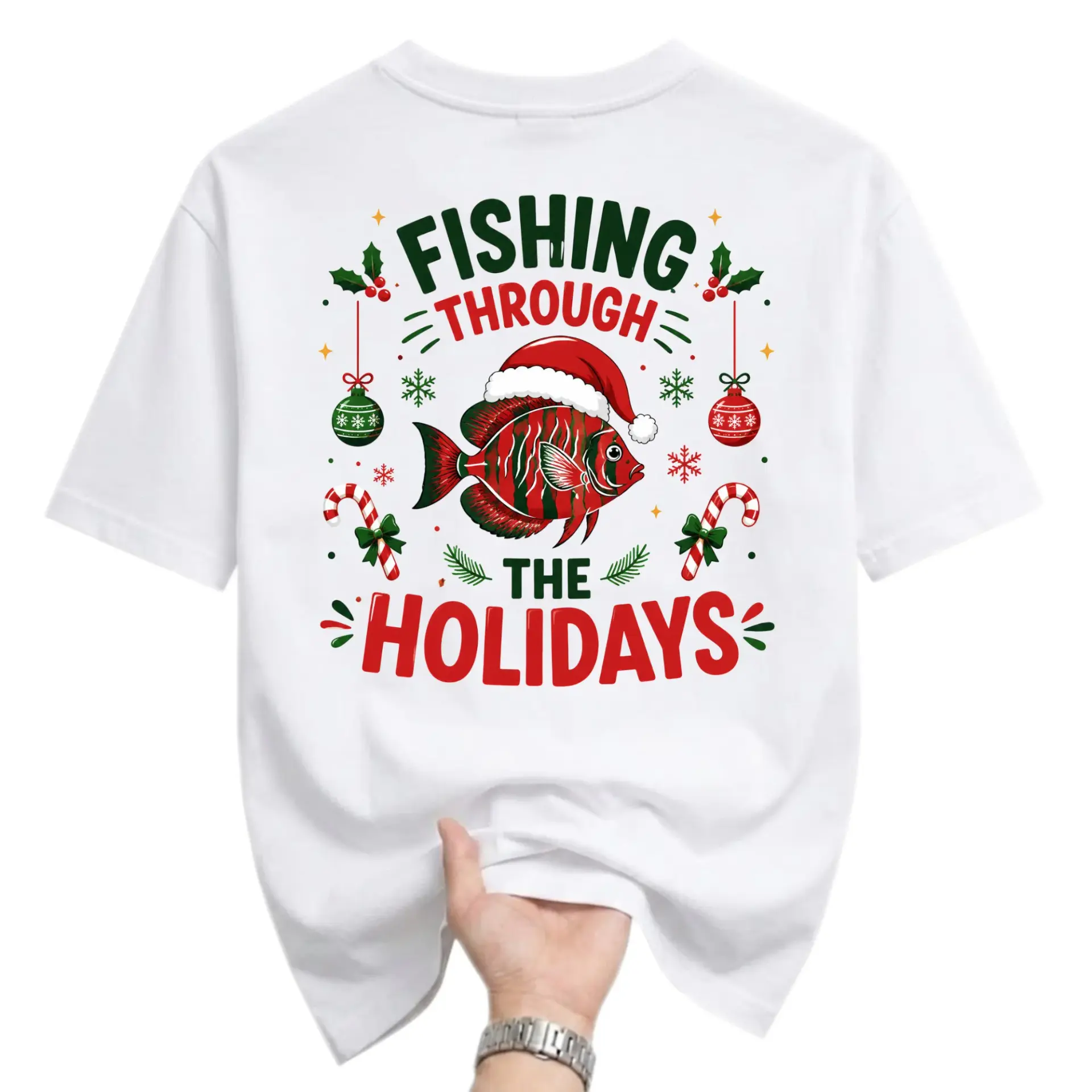 Funny Shirt Fishing Through the Holidays Christmas Graphic Tee Festive