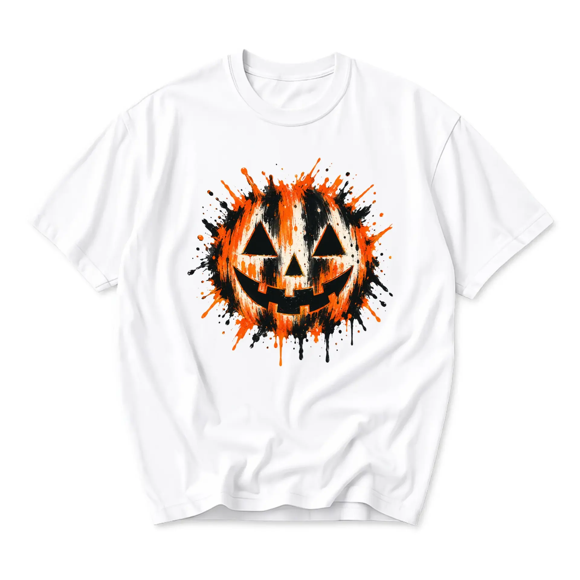 Graphic Tee Unisex Crew Neck T-Shirt Featuring Vibrant Orange and Black Splatter Paint Style Halloween Pumpkin Design