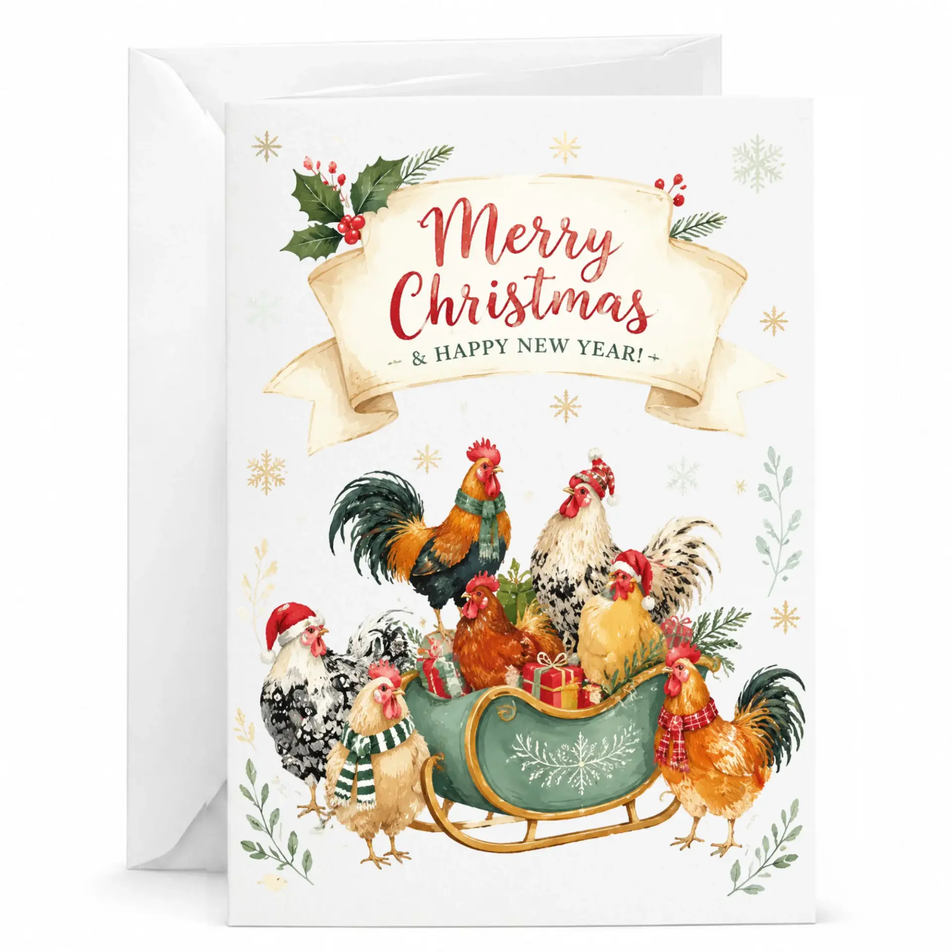 Greeting Card Merry Christmas and Happy New Year with Farmhouse Chickens in a Sleigh Festive Holiday Stationery