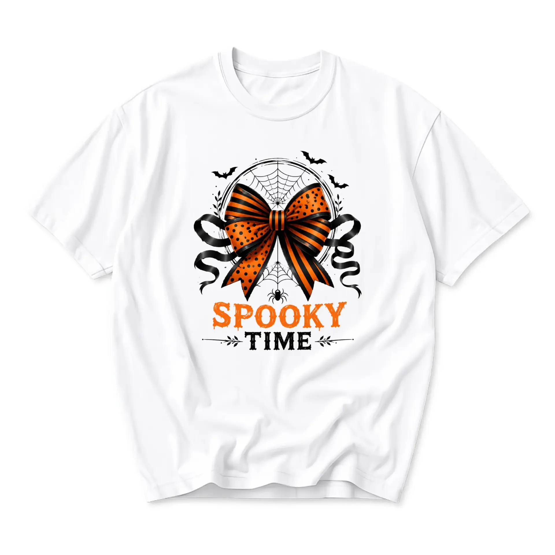 Graphic Tee Spooky Time Halloween Bow Unisex Crew Neck T-Shirt Comfortable Casual Everyday Wear Fall Holiday Apparel
